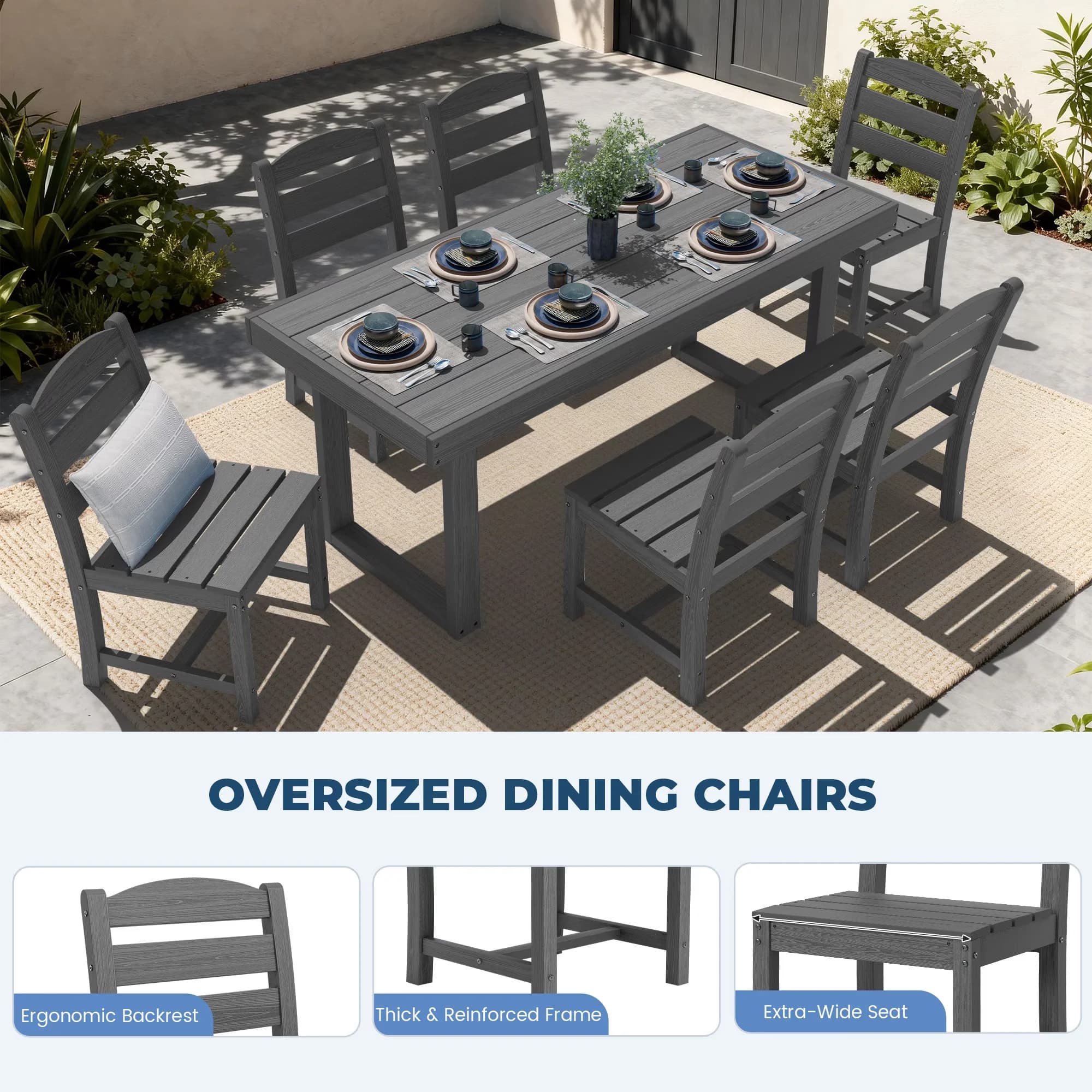 Patio Dining Set Professional with Umbrella Hole, Rectangular Table - 7-Piece(Armless Chair) Gray Model 9D24BE