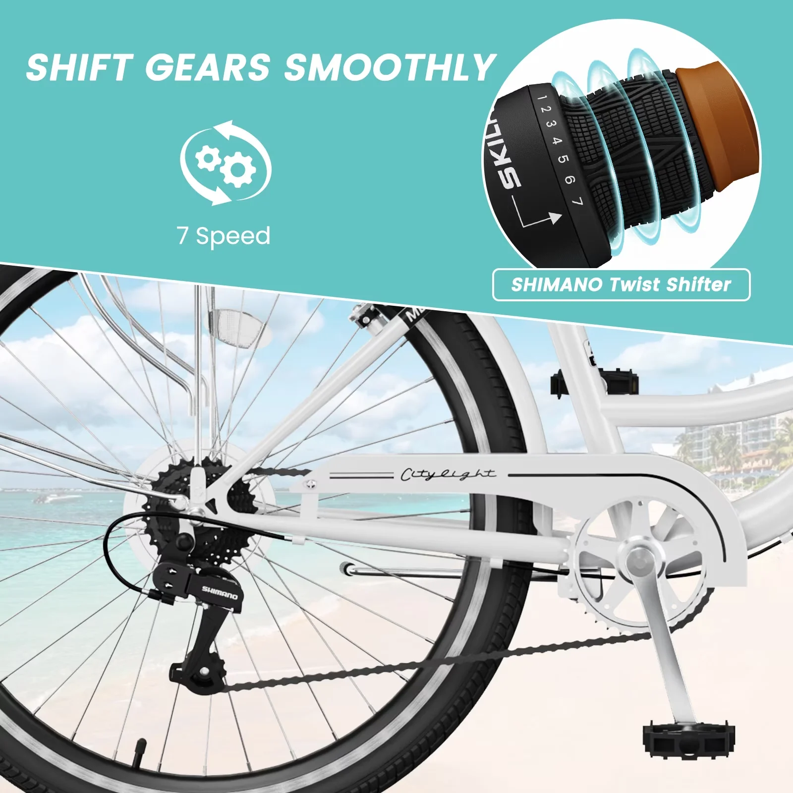 Efficient Electric Bike with Adjustable Seat, 24/26 Inch Cruiser - White Model E5D3E1