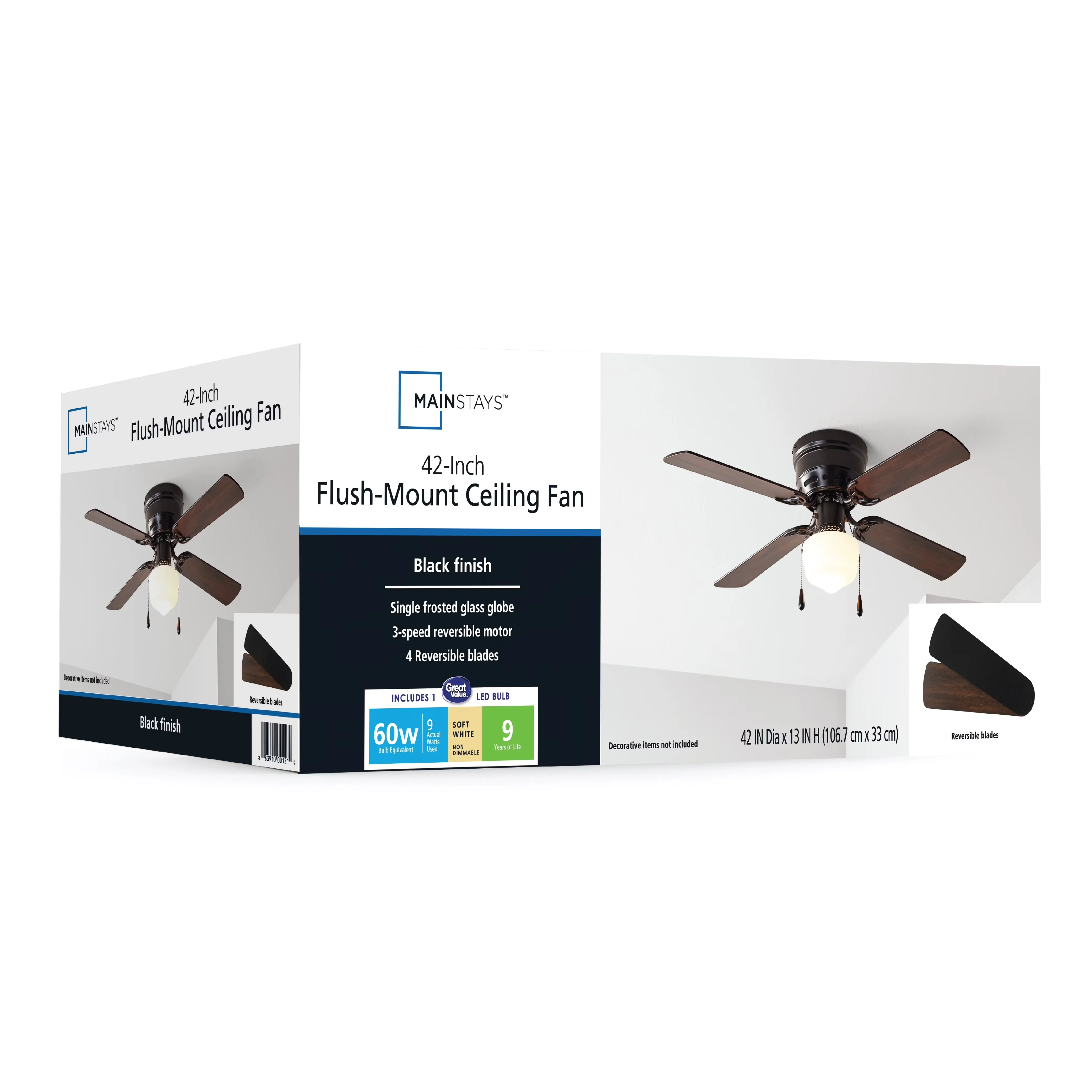Ceiling Fan Modern with Reversible Blades, Reverse Airflow, 42 inch Hugger Indoor - Black Model 89BB76