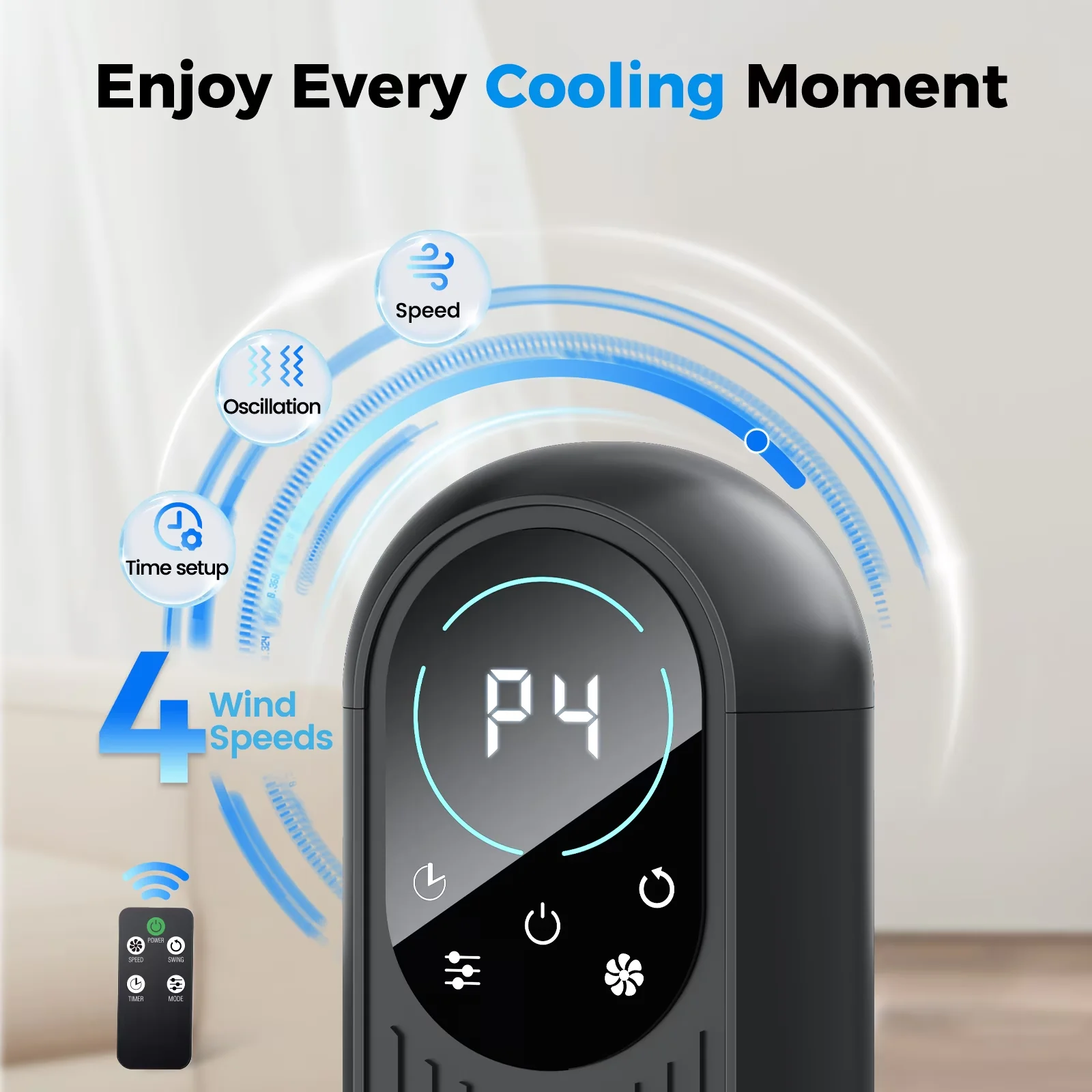 Modern Fans In Cooling with LED, Timer, Tower Fan - Black for Home 12H Model CC1C73