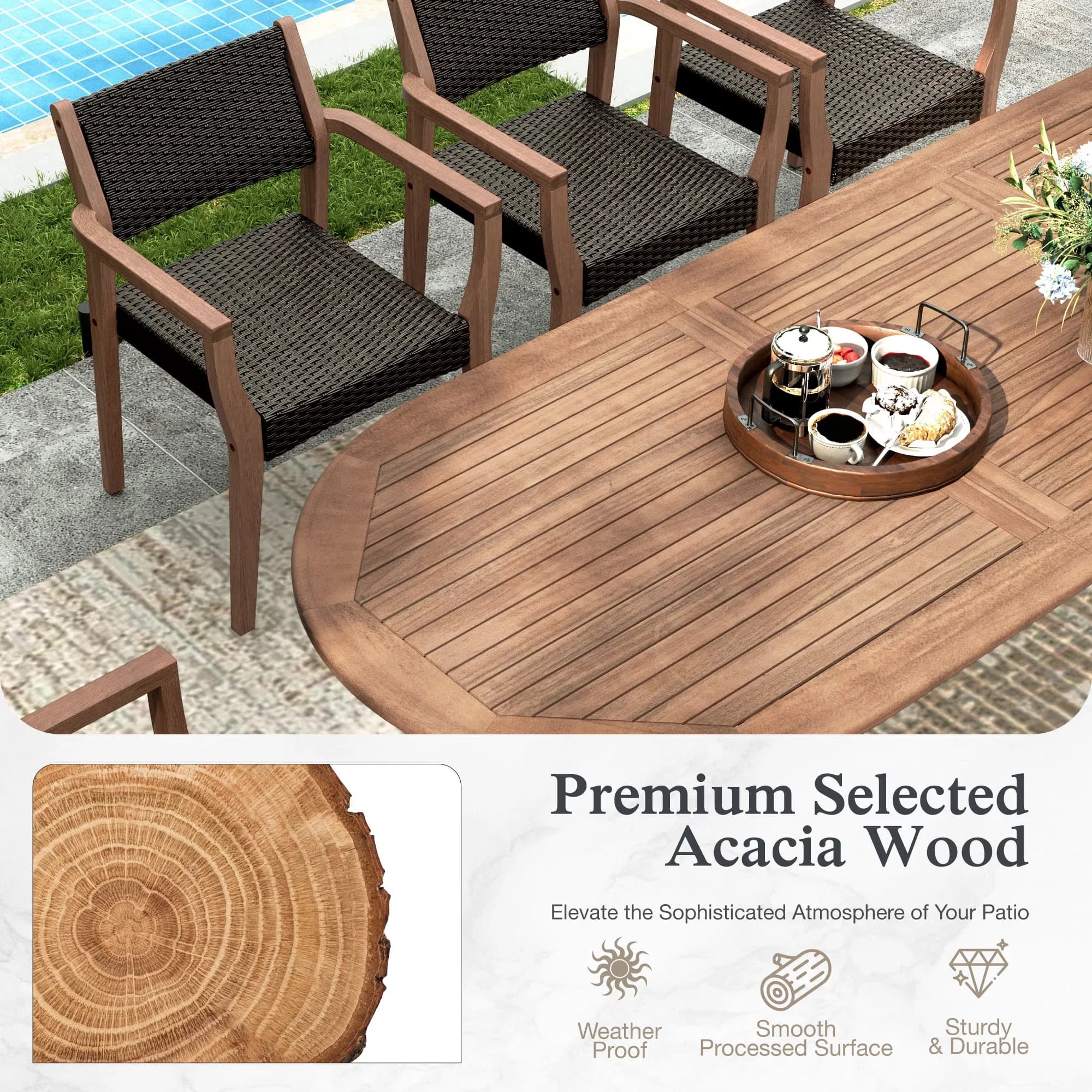 Modern Patio Dining Set with 9-Piece Outdoor Wicker Rattan Chairs, Dark Brown - Acacia Wood; Rattan Dark Brown Model 576FD3