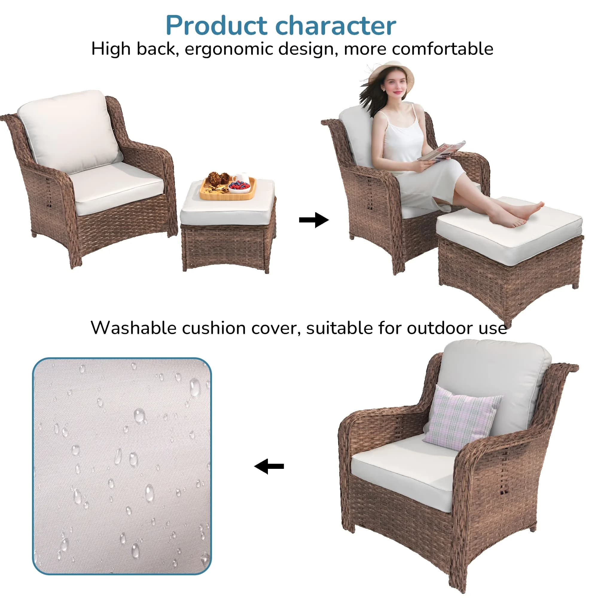 Essential Patio Conversation Set with Weatherproof, All-Weather Wicker Rattan High Back, Ottoman - Wicker White Model E0EFE2