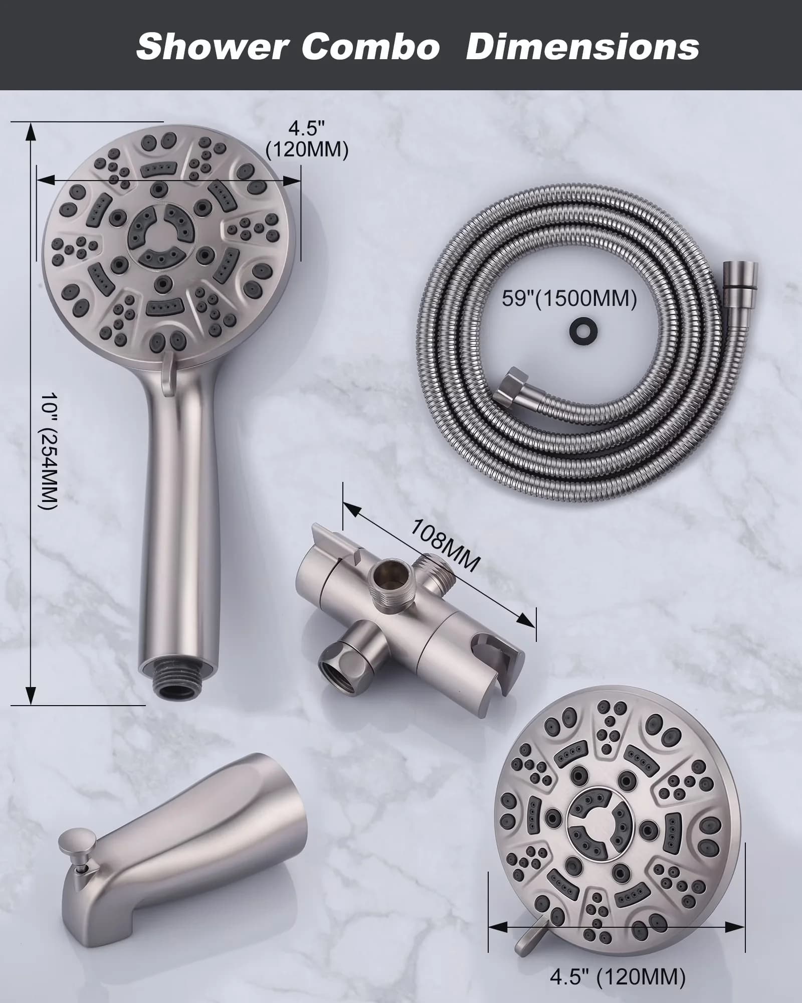 Compact Shower Head with Adjustable Flow Rate, Pressure Balance, Adjustable Temperature - Brass Silver Model 01C7DC