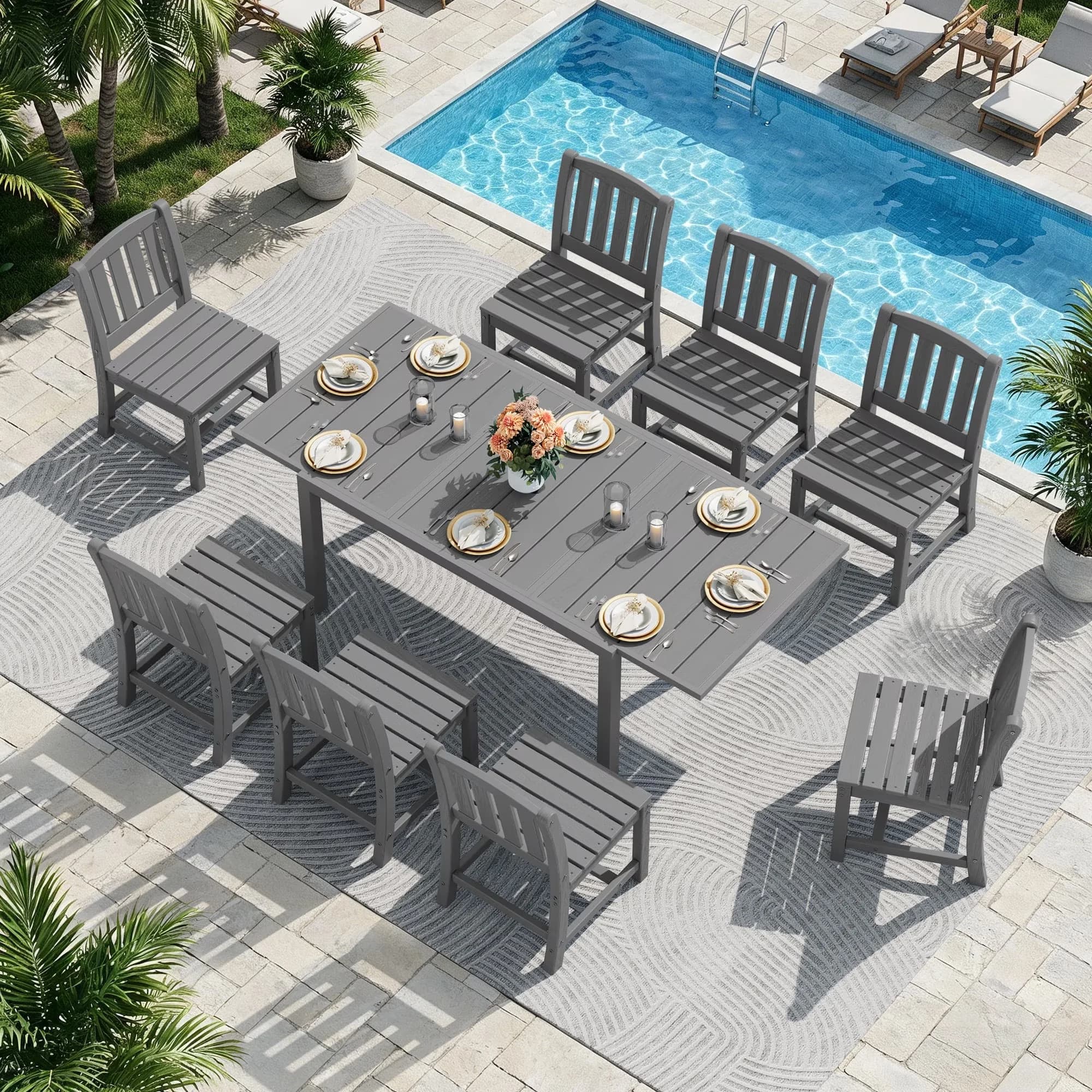 Essential Patio Dining Set with Weatherproof, Foldable, 9-Piece Outdoor - 9 - Armless Chairs Gray for Garden Model DCB58F
