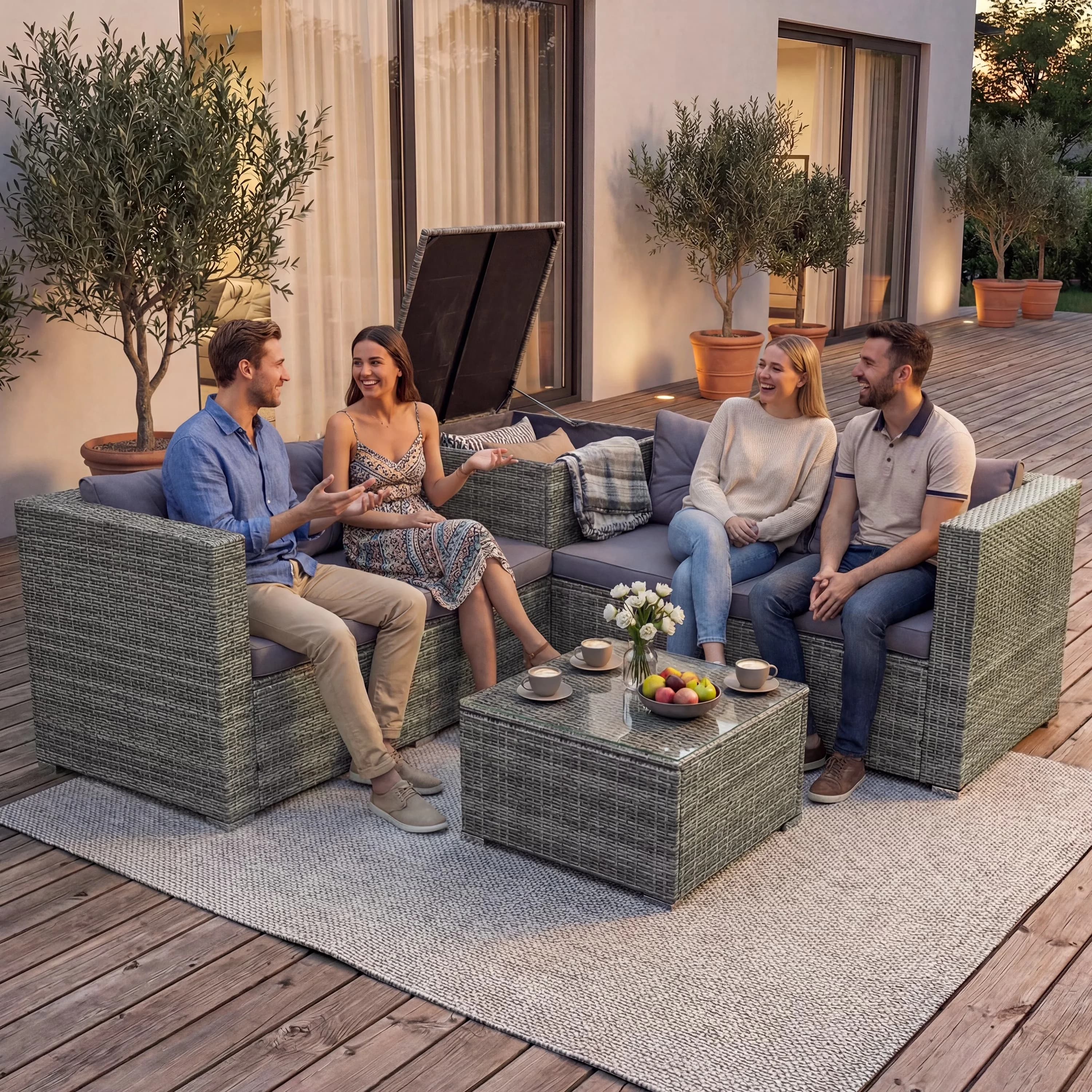 Innovative Patio Conversation Set with Weatherproof, Cushioned Sofa - Pe Rattan, Steel, Sponge, Polyester Fabric, Tempered Glass... Model 98F873