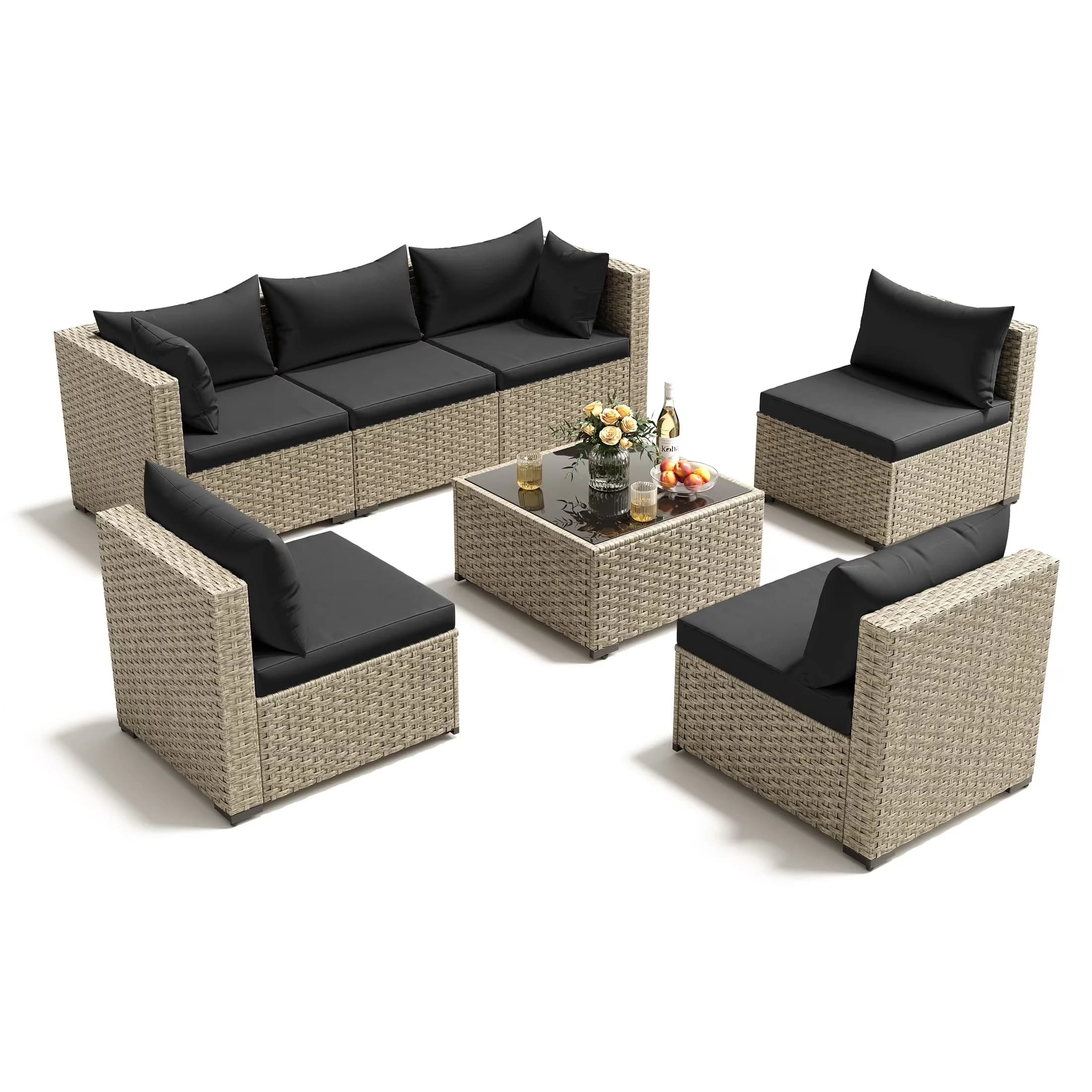 Outdoor Sofas Sectional Compact with Mid-Century, Waterproof, Cushions - Pe Resin Weave Black Model FF9B40