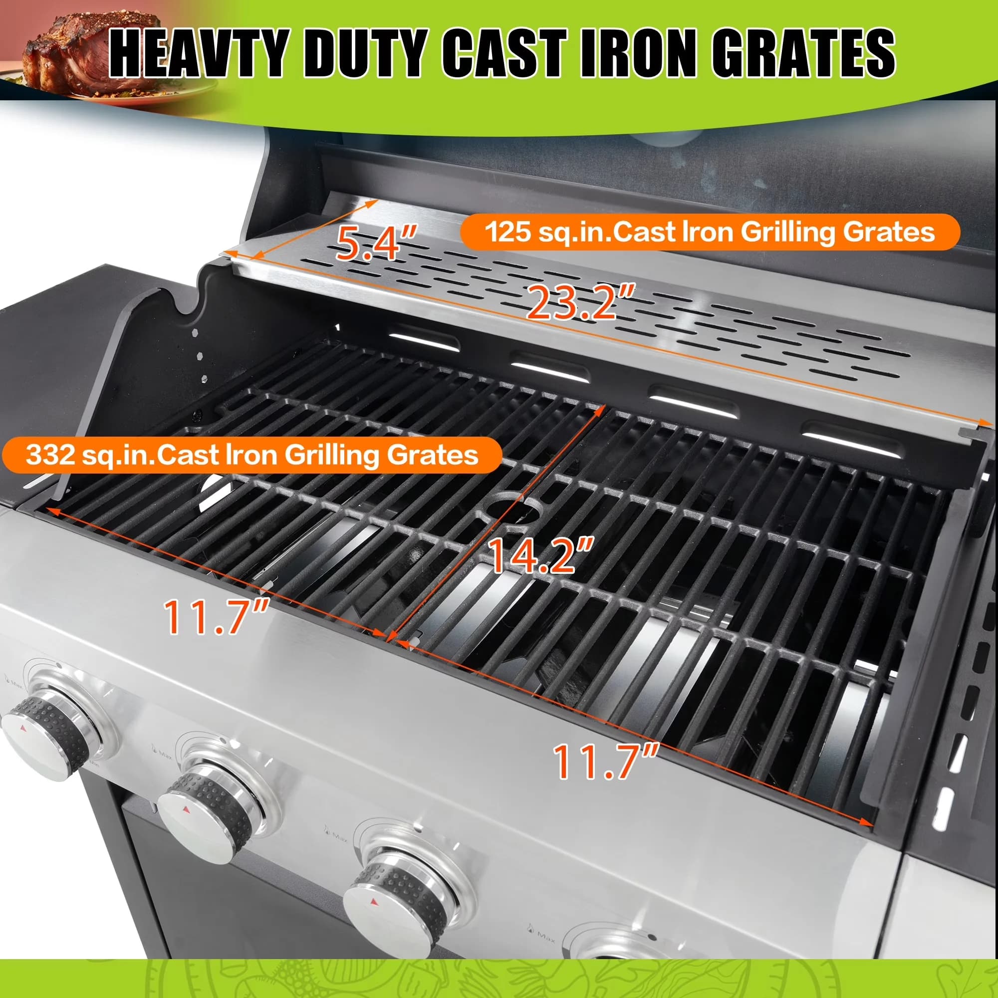 Premium Gas Grill with 46500 BTU, Portable, Heat Thermometer - Stainless Steel Black for Outdoor, Patio Model E1388E