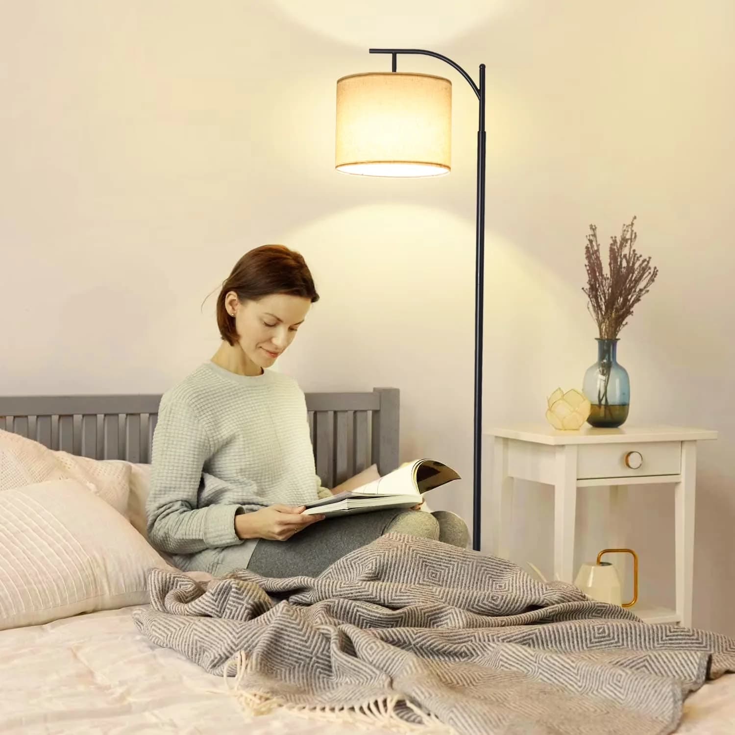 Durable Floor Lamp with LED, Dimmable, Eco Friendly - Metal, Wood White for Living Room, Bedroom Model 81B01E