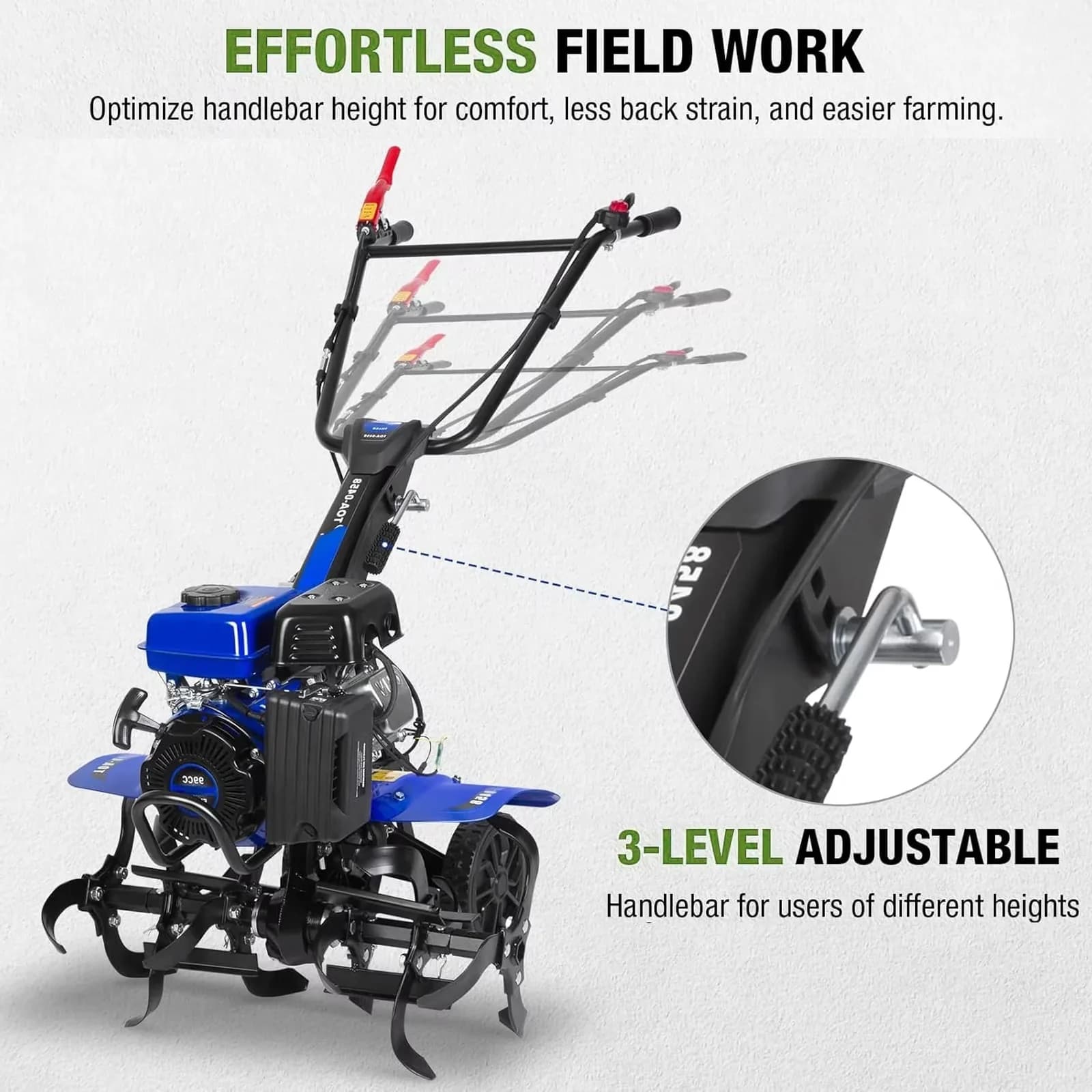 Reliable Trillers Cultivator with 11.8 Inch Max Depth, Adjustable Width Tines, Handle and Wheels - Model A07CEA