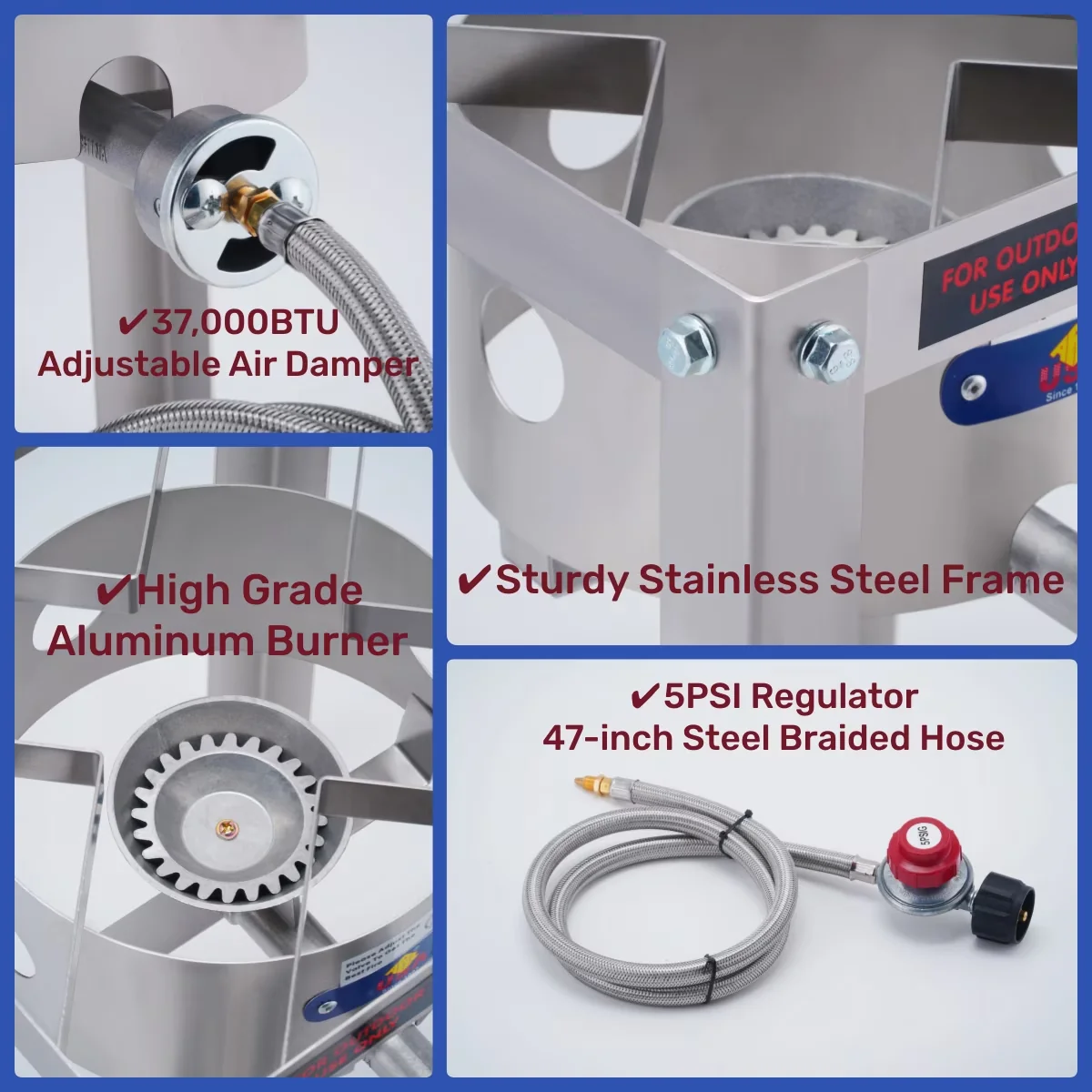 Durable Outdoor Fryer with 55000 BTU, Portable Propane Burner - Silver Stainless Steel Model 9B8A45