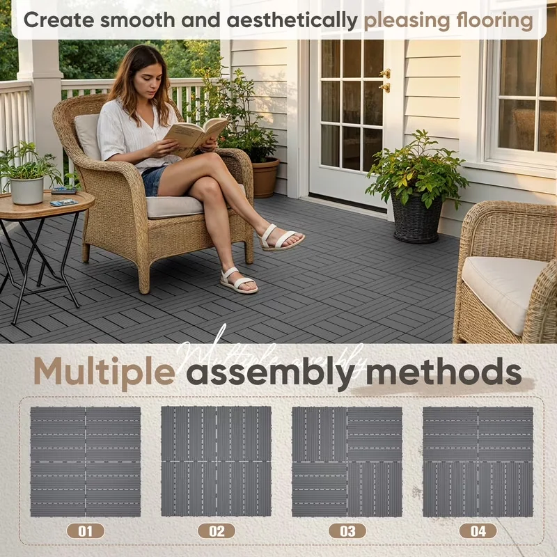 Building Material Premium with Easy Installation, 44-Pack Interlocking Deck Tiles - Plastic Gray Model 15195D