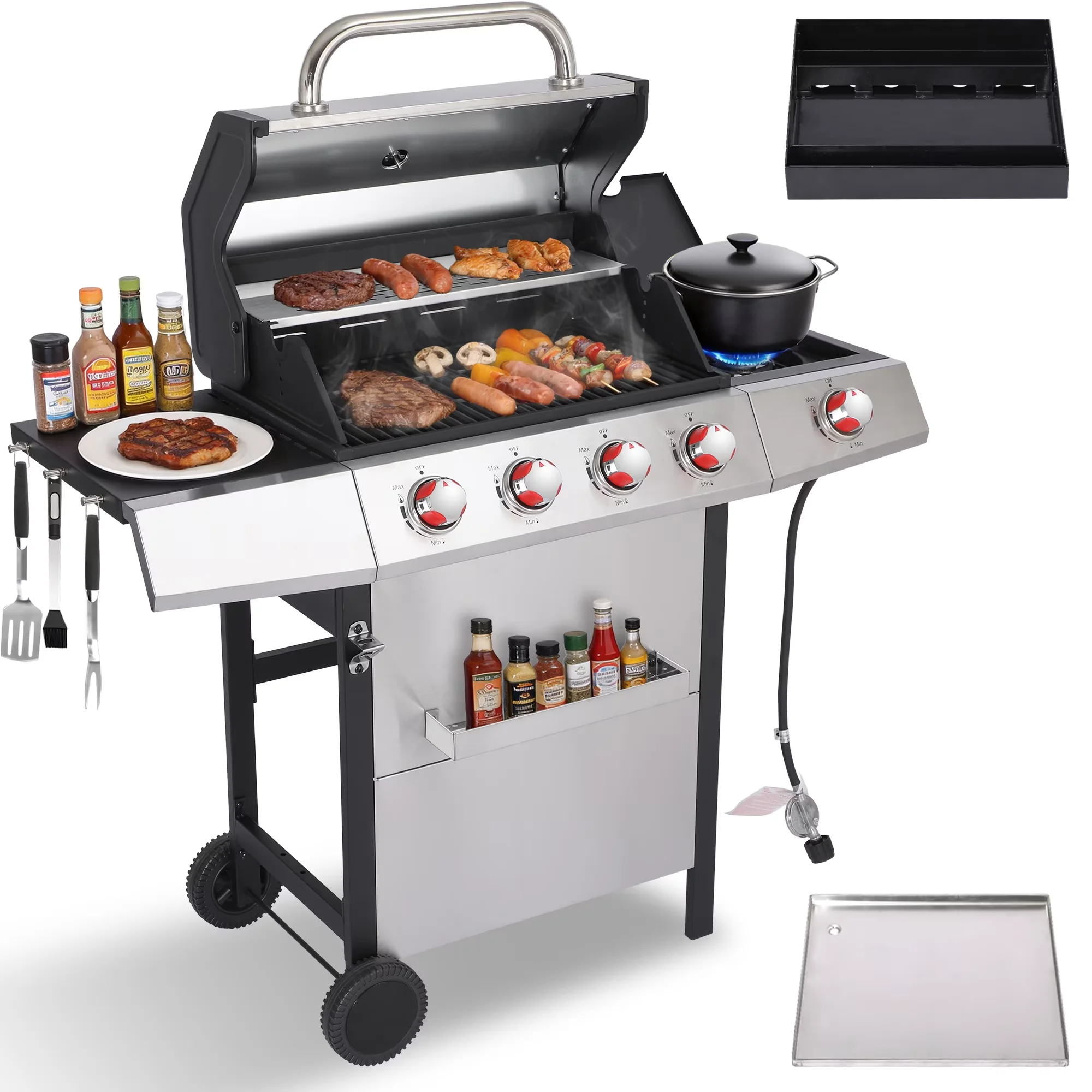 Gas Grill Durable with Heat Thermometer, Tool Holder, Grease Pan - Stainless Steel, Powder-Coated Steel, Porcelain-Enameled Cast Iron... Model 8C44A6