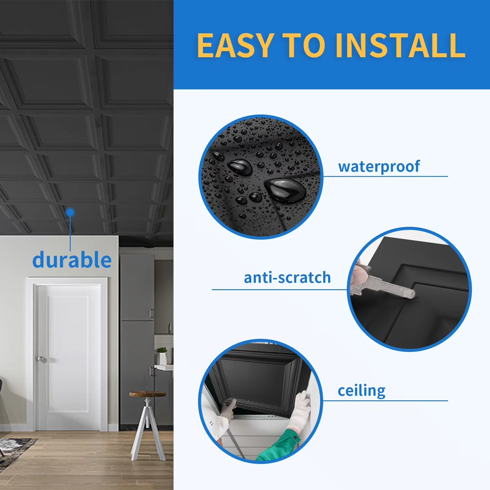 Classic Building Material with Eco-Friendly, PVC Ceiling Tiles in Black, 12-Pack 2ft x 2ft Square Plastic Sheet - Black Pvc Model 44A6D5