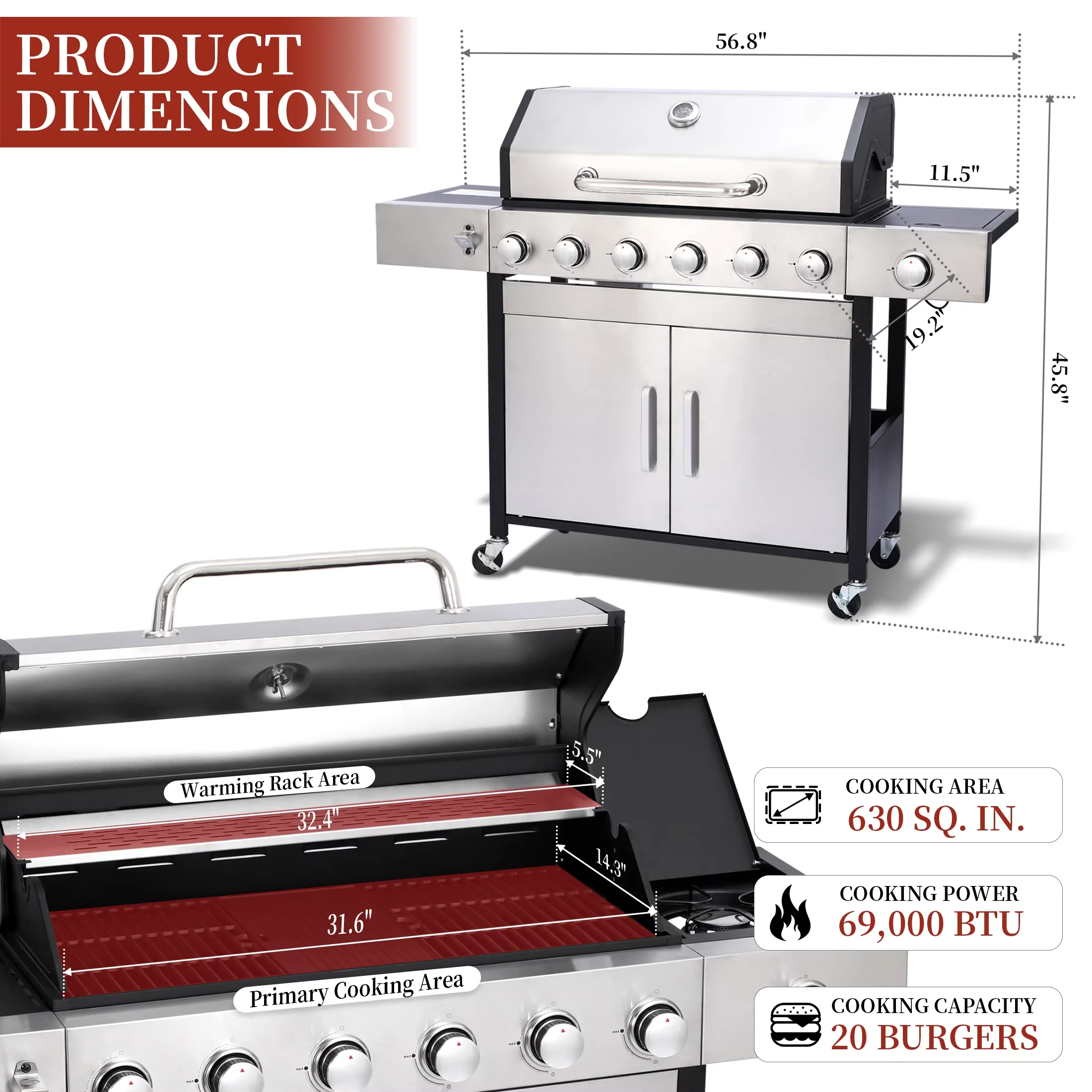 Professional Gas Grill with 73000 BTU, Grease Pan - Stainless Steel, Powder-Coated Steel, Porcelain-Enameled Cast Iron Black Model D8F219
