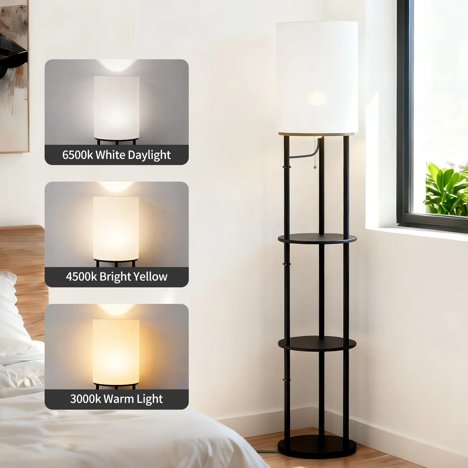 Premium Floor Lamp with LED, Shelf Lamps, 63" Round Shade - Fabric Black Model E55485