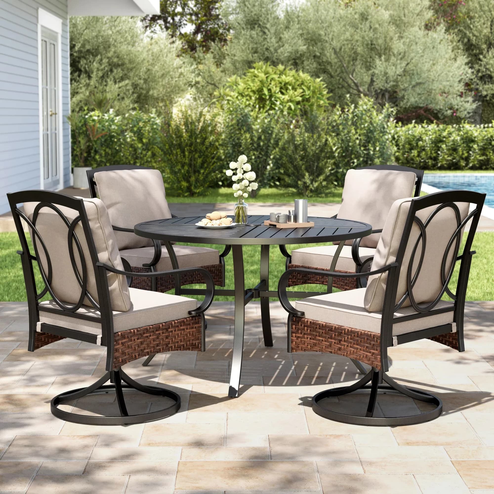 Sleek Patio Dining Set with Weatherproof, Black & Beige - Black Polyester, Pe Rattan, Metal, Pp Cotton, Steel, Sponge Model 7B5B28