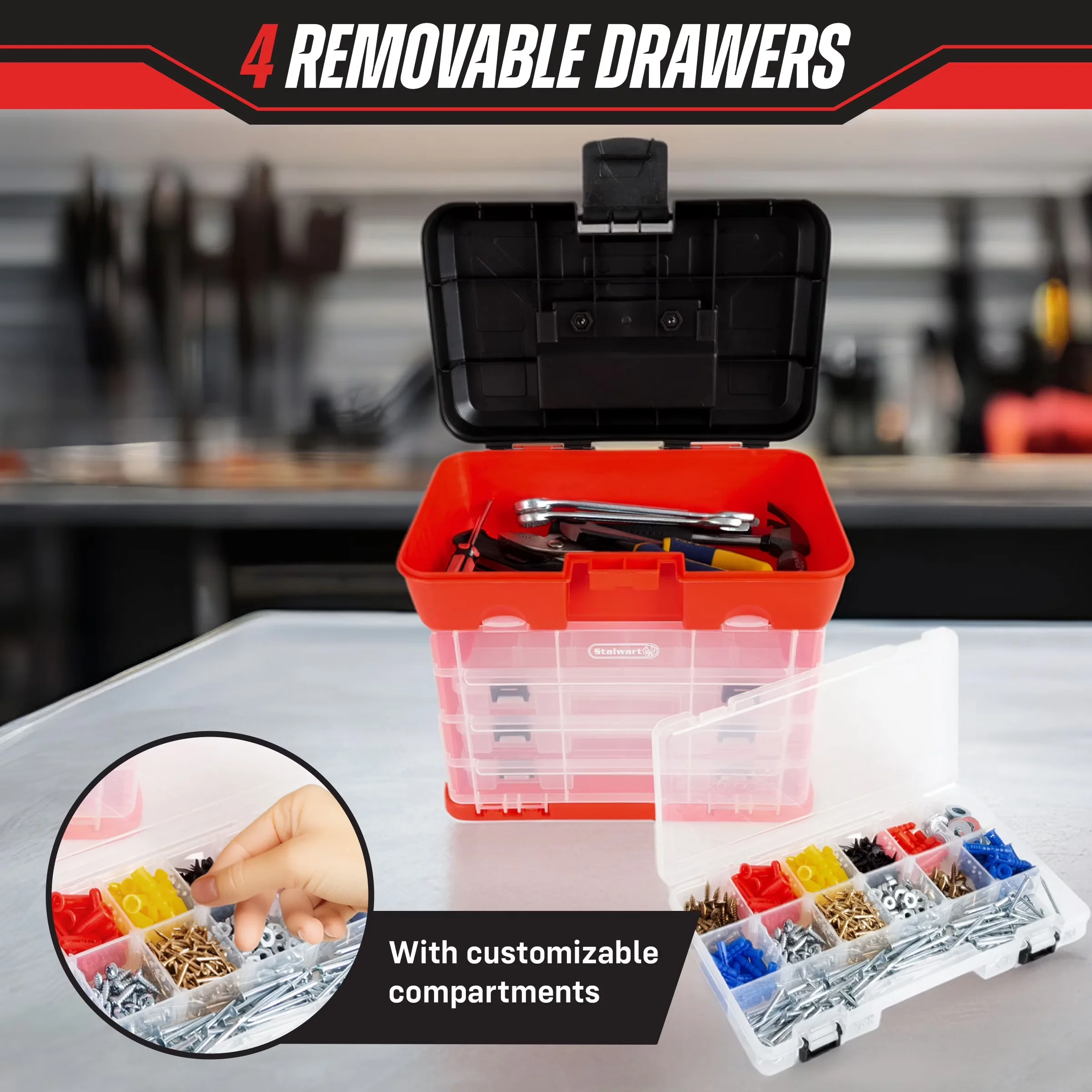 Stylish Garage Storage Supply with Portable, Storage, Tool Organizer - Plastic Red Model C90CCD