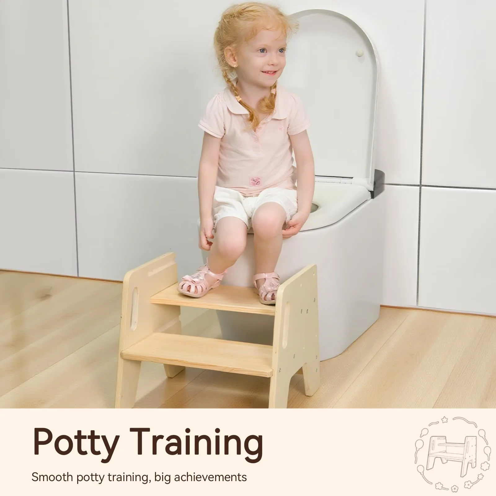 Quality Ladders And Step Stool with Anti-Slip, Adjustable Height, Non-Marring Feet - Pine Wood Beige Model 75B429