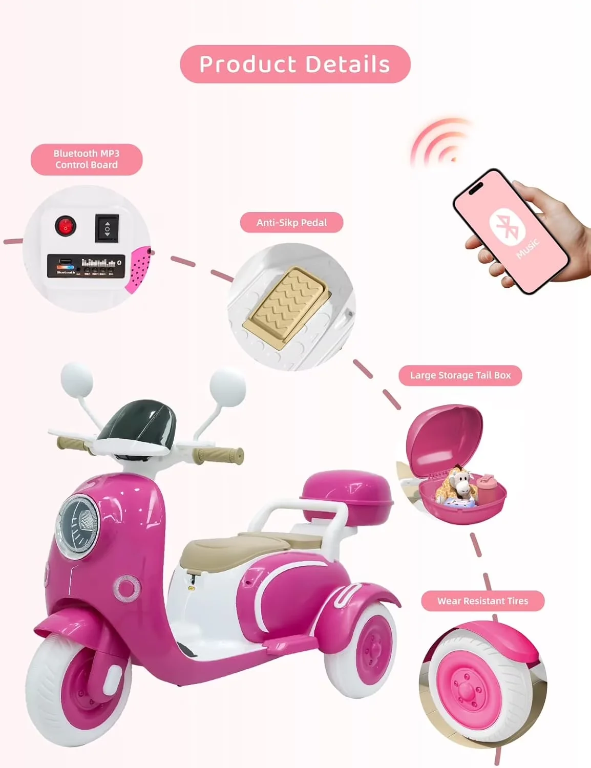 Sleek Scooter with Battery, 12V, Bluetooth Enabled - Pink - Traditional Style Model 6CEDB3