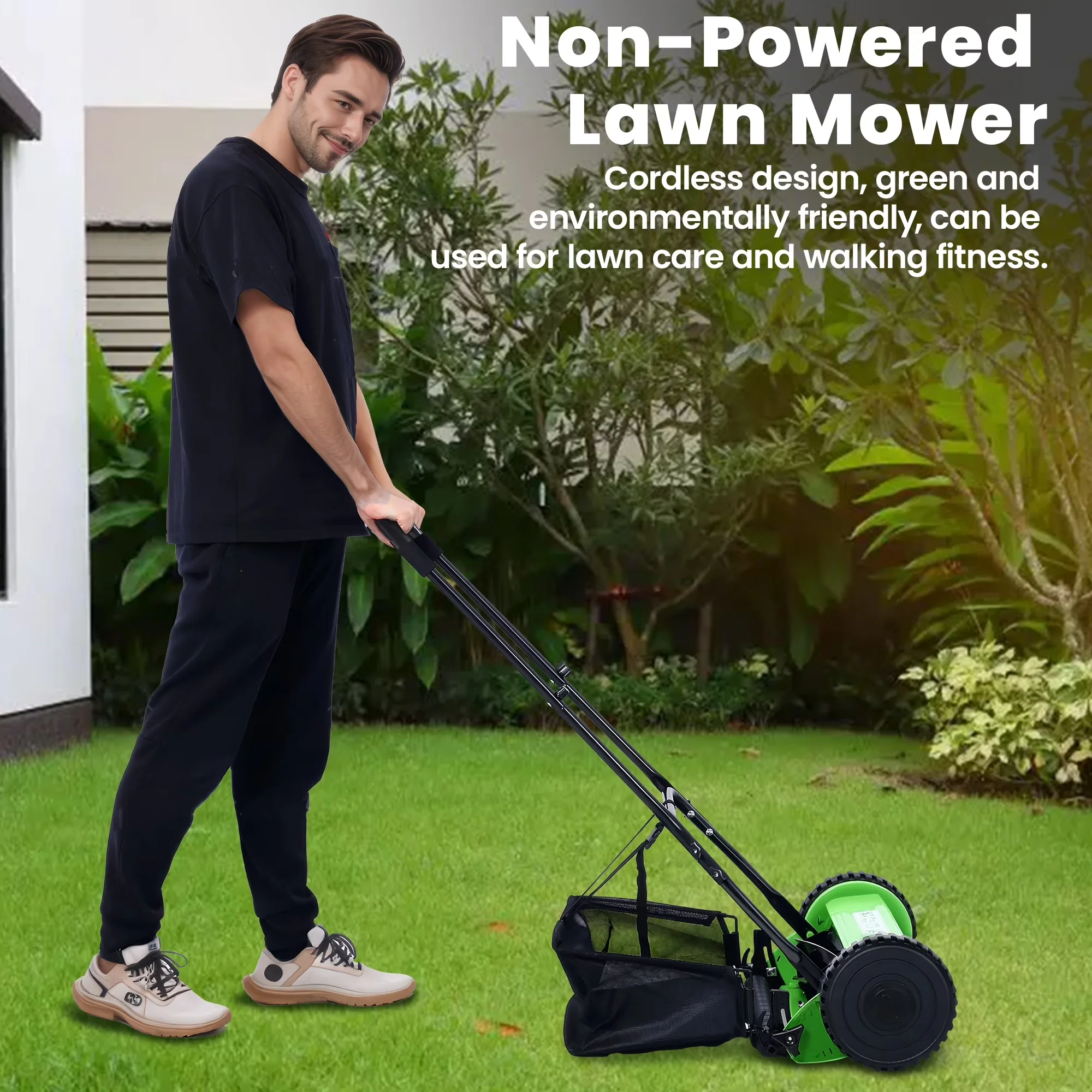 Stylish Push Mower with Adjustable, 14-Inch 5-Blade Real Lawn Mover, Grass Catcher - Model 371148
