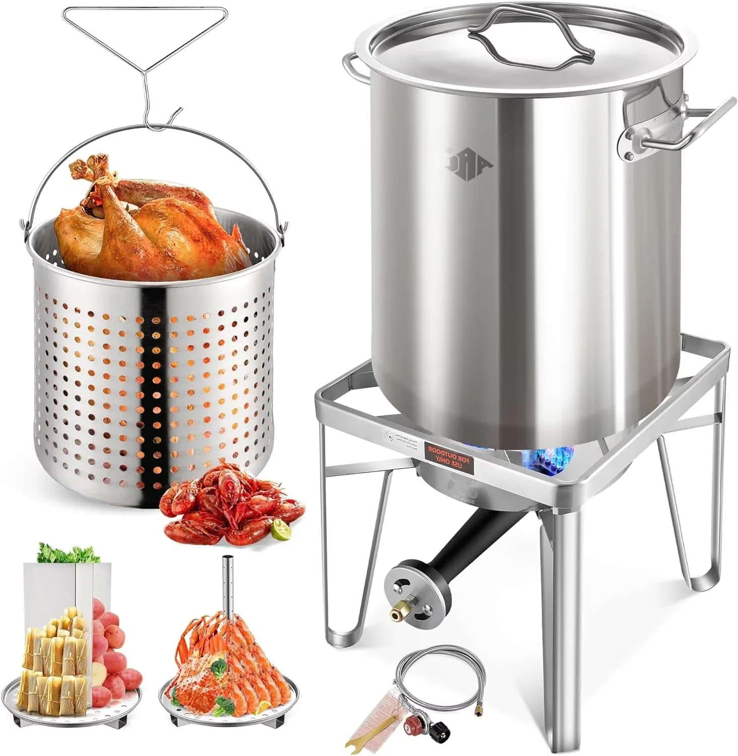 Outdoor Fryer Reliable with Propane Burners, Steamer Rack, Tamale Steamer Pot - Stainless Steel Silver for Outdoor, Home Model 56AB6E