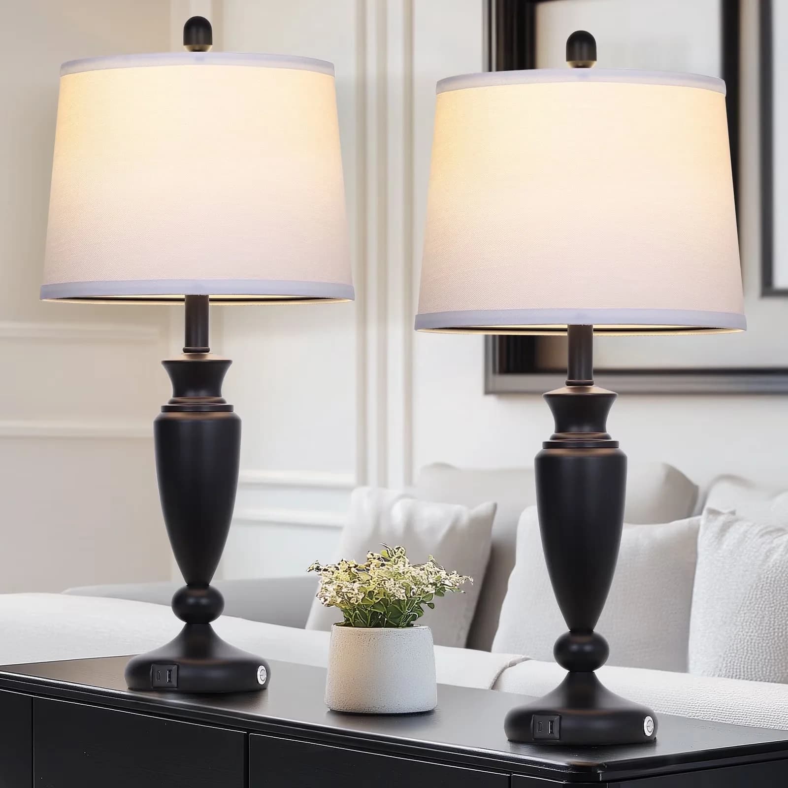 Professional Lamp Set with LED, Bedside Lamps - Metal Black for Living Room, Bedroom Model D9CC9E
