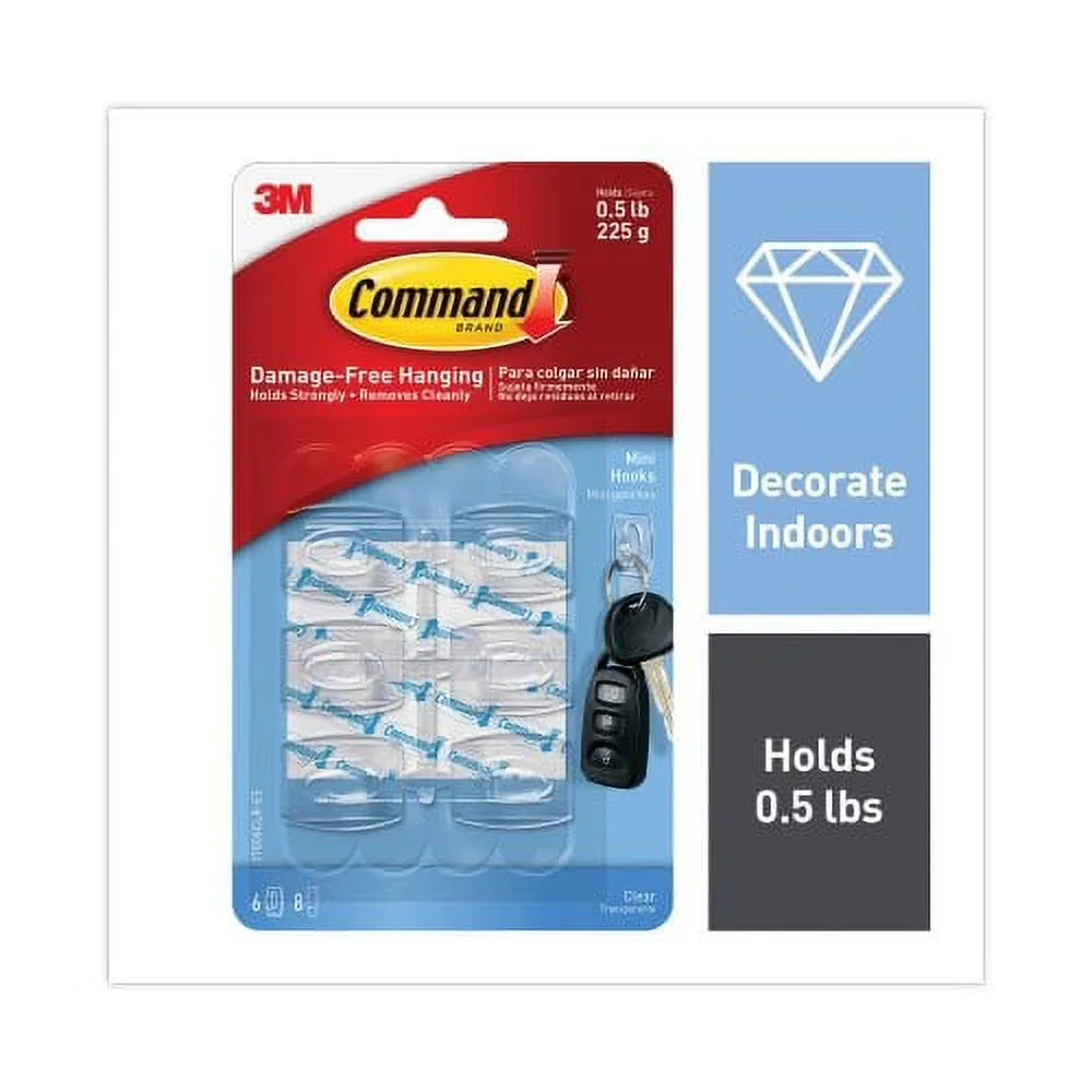 Reliable Damage-Free Hanging with Reusable, 6 Hooks and 8 Strips/Pack (), Mini - Plastic Clear Model C68AA4