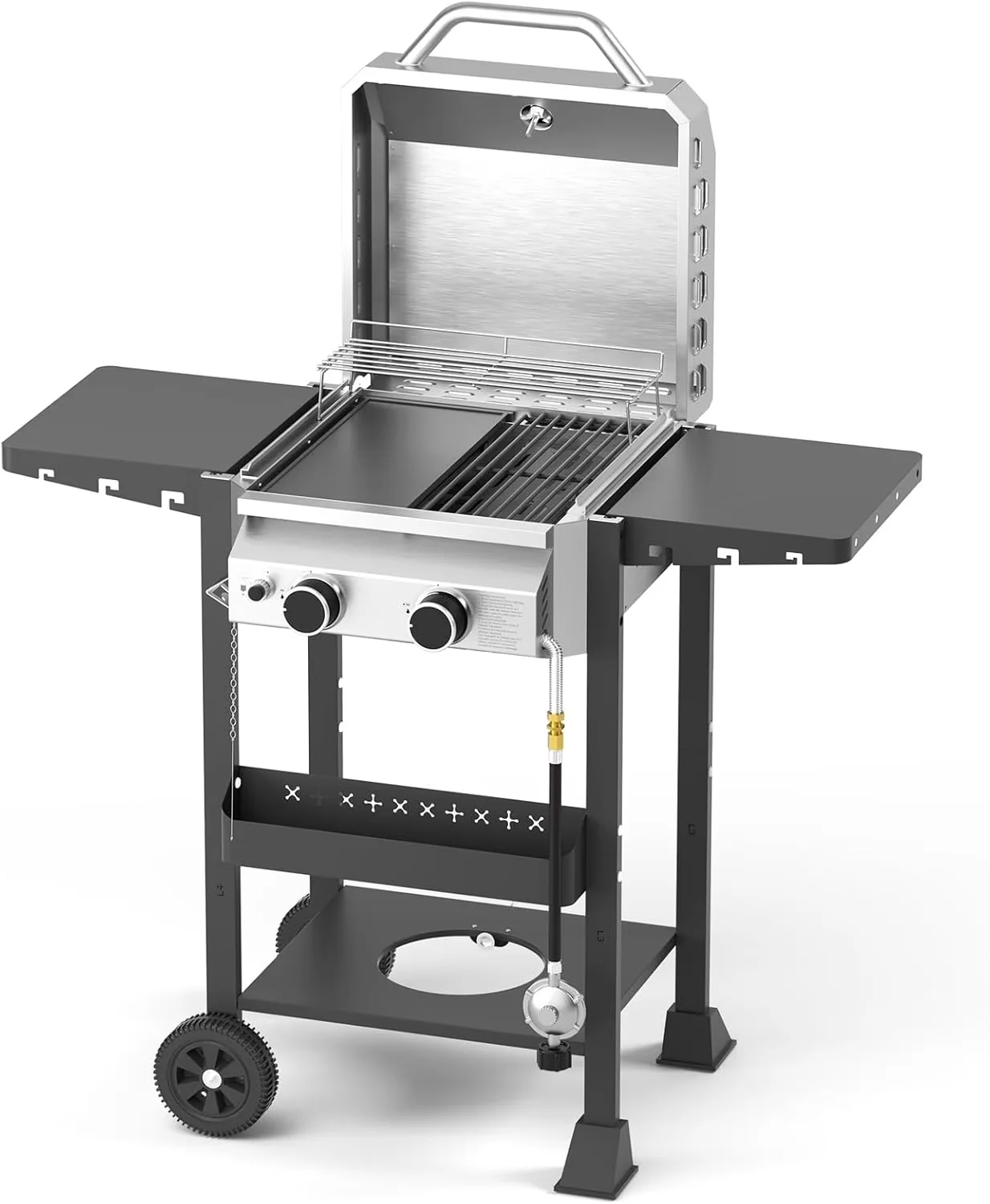 Gas Grill Versatile with 16000 BTU, Portable, Grease Pan - Steel Silver for Patio, Outdoor Model D19BA4