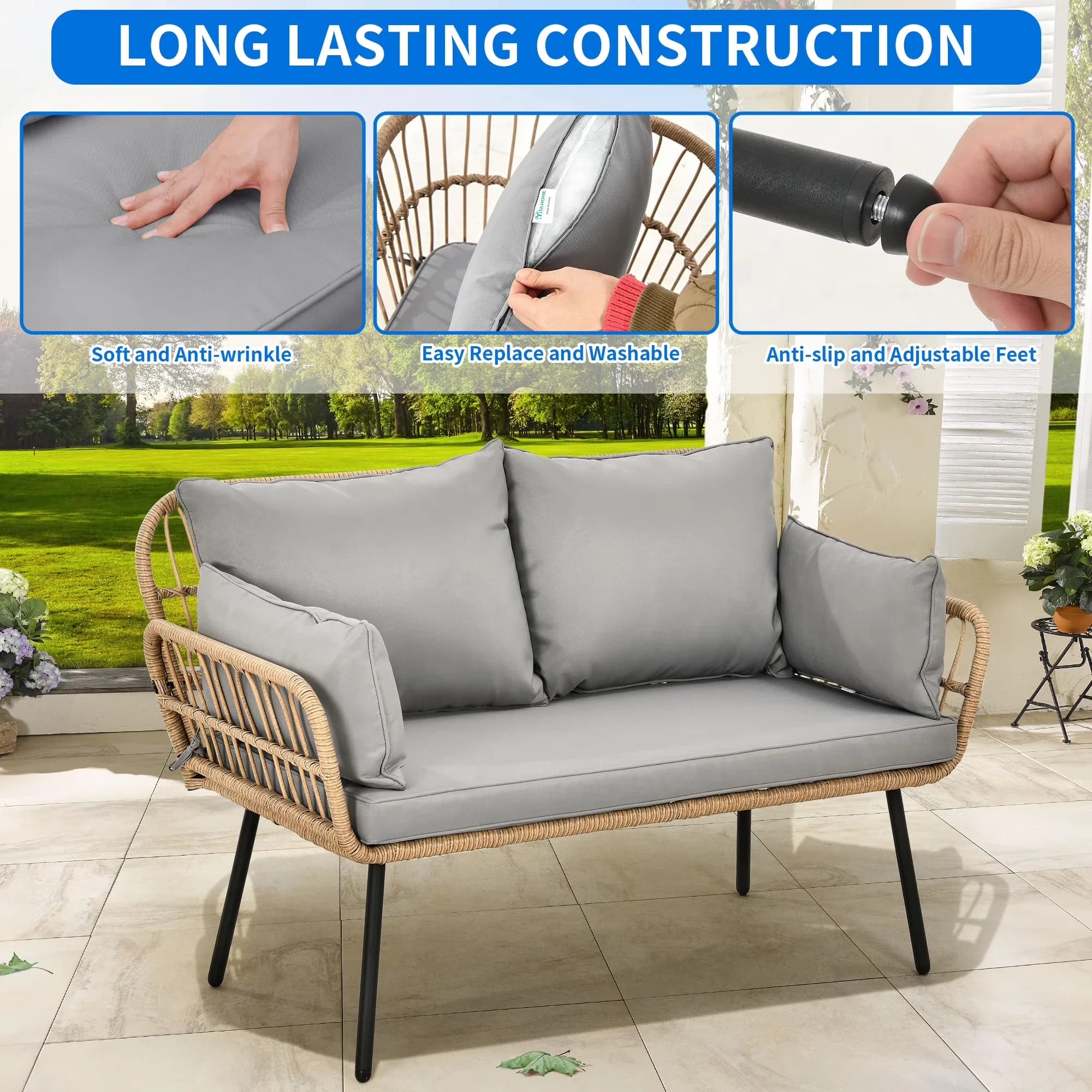 Patio Chair Premium with Weather-Resistant, Modern, Furniture Wicker Outdoor Loveseat - Wicker Gray Model 870D09