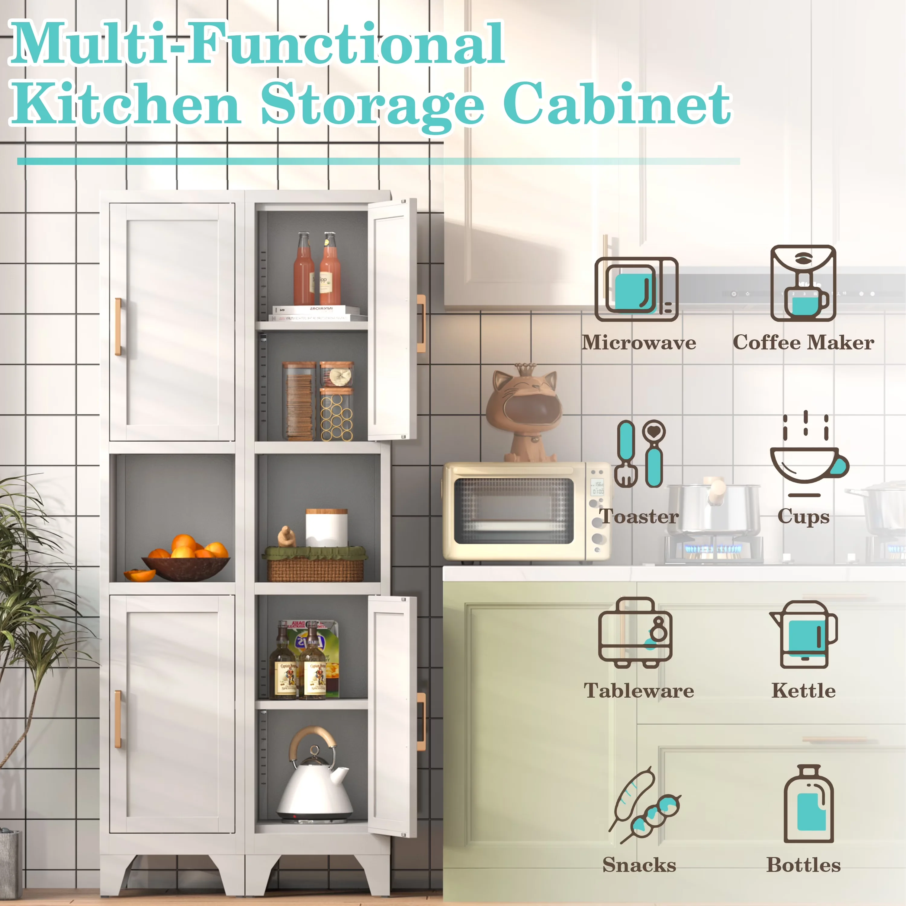Classic Kitchen Renovation with Modern, Adjustable Feet, Adjustable Shelves - Metal 66.93"H-2 Door-White for Small, Kitchen Model 705BF9