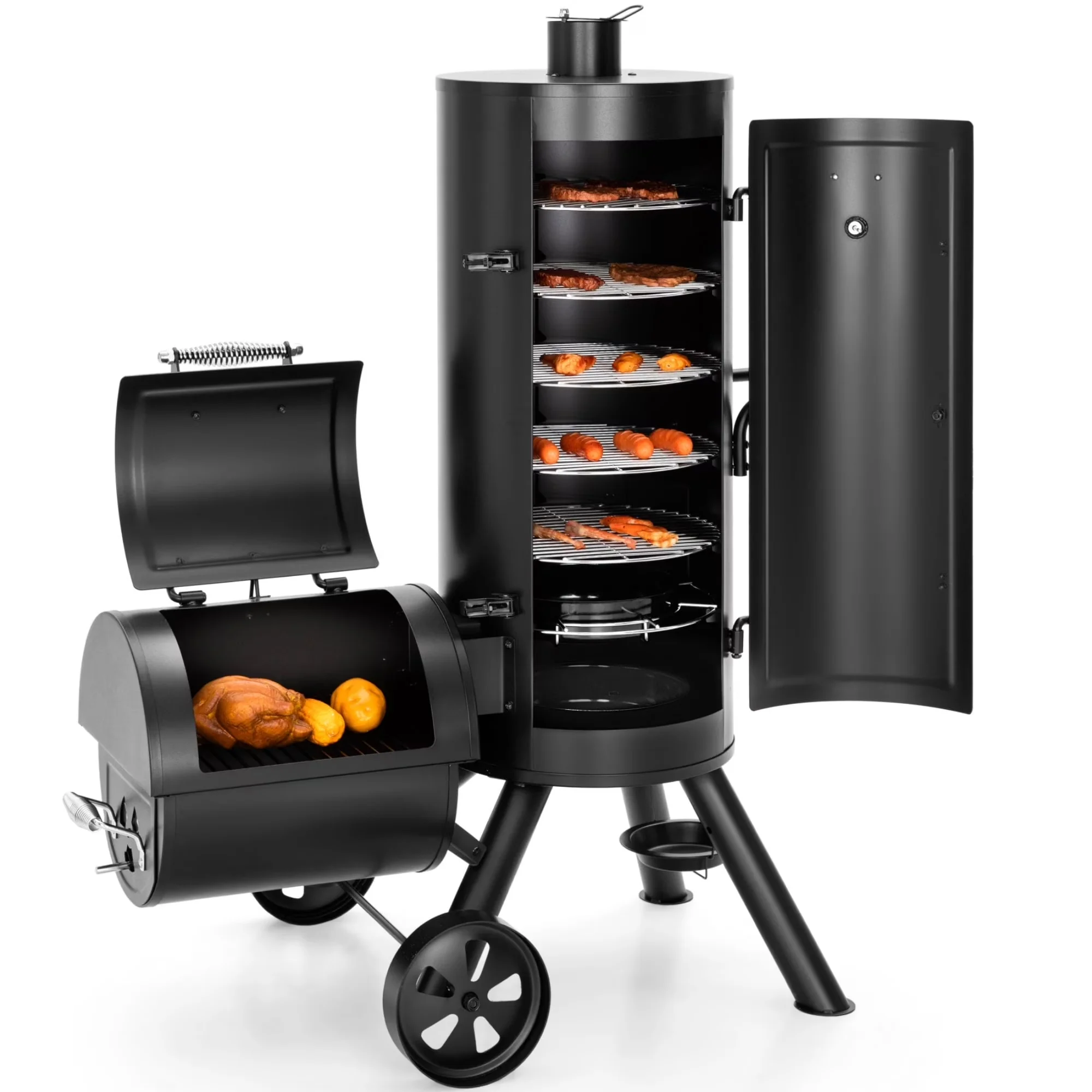 Modern Smoker with Vertical Charcoal Grill, Offset 961 Square Inches Extra Large BBQ - Porcelain Model 1B1C6B