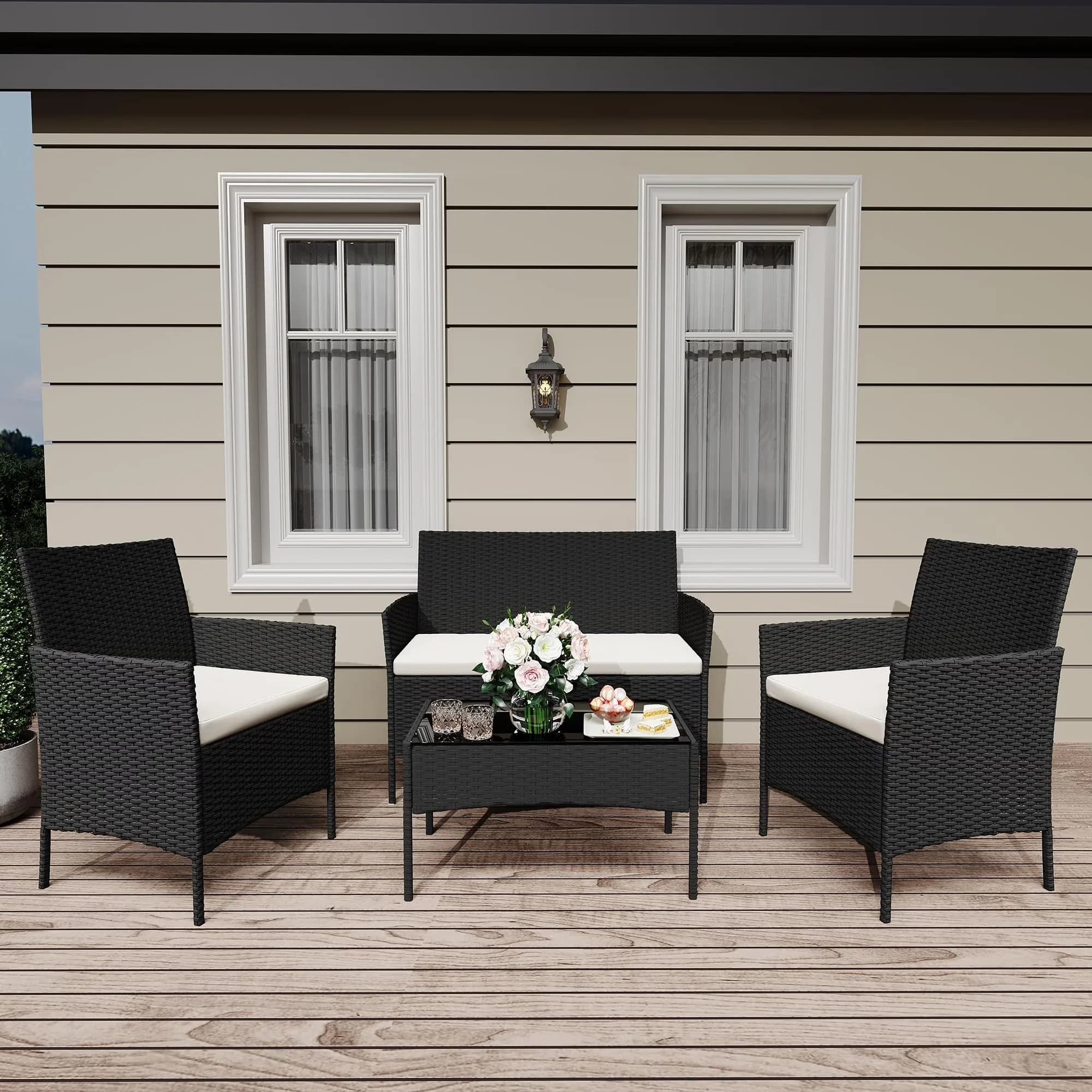 Professional Patio Conversation Set with and Glass Coffee Table, 4-Piece Bar, Cushioned Loveseat - Black Rattan/Creamy-White Cushion... Model 7B0696
