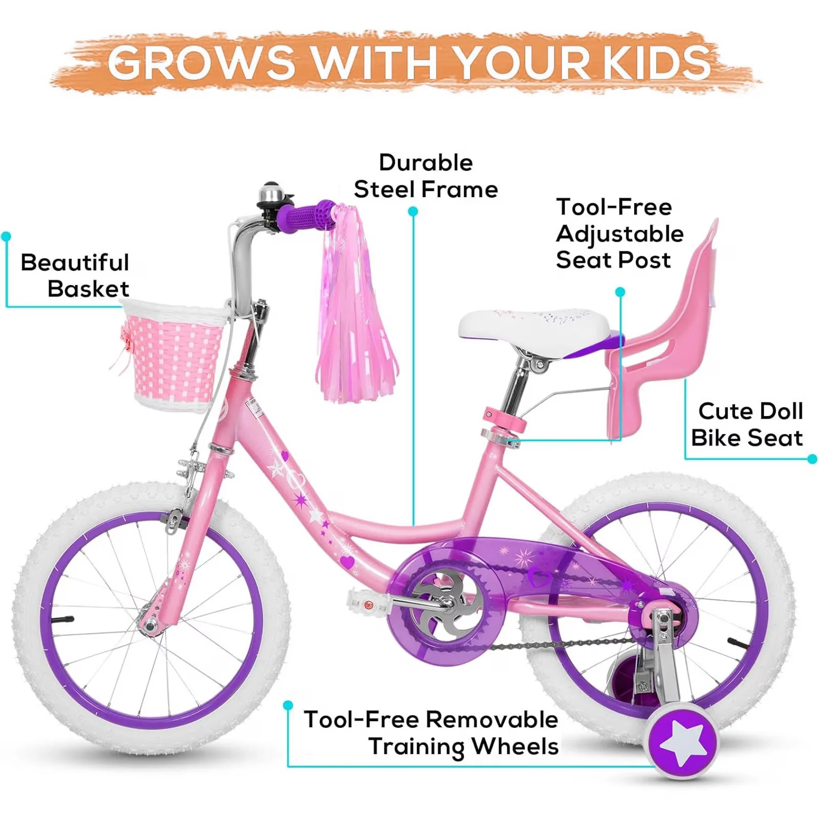 Essential Kids Bike with Adjustable Height, 16 inch Kid Bikes - Pink 4-7 Model F18D3C