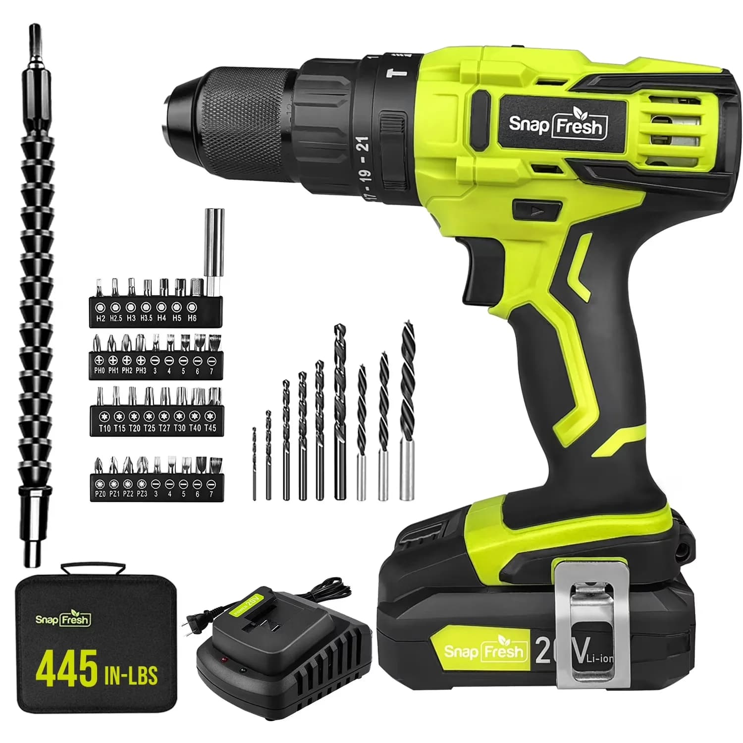 Efficient Drills Driver with Battery, 20V, 1/2 Metal Chuck - Green - Professional Series Model 21DB42