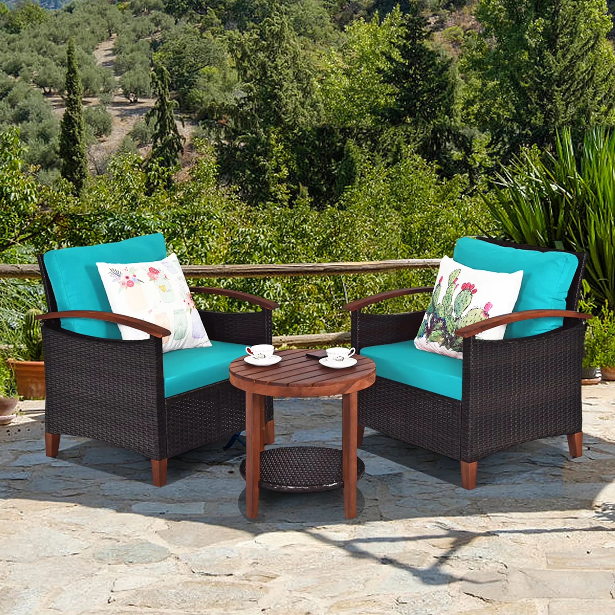 Professional Patio Conversation Set with Weatherproof, Storage, Collapsible - Rattan Turquoise Model 8A1994