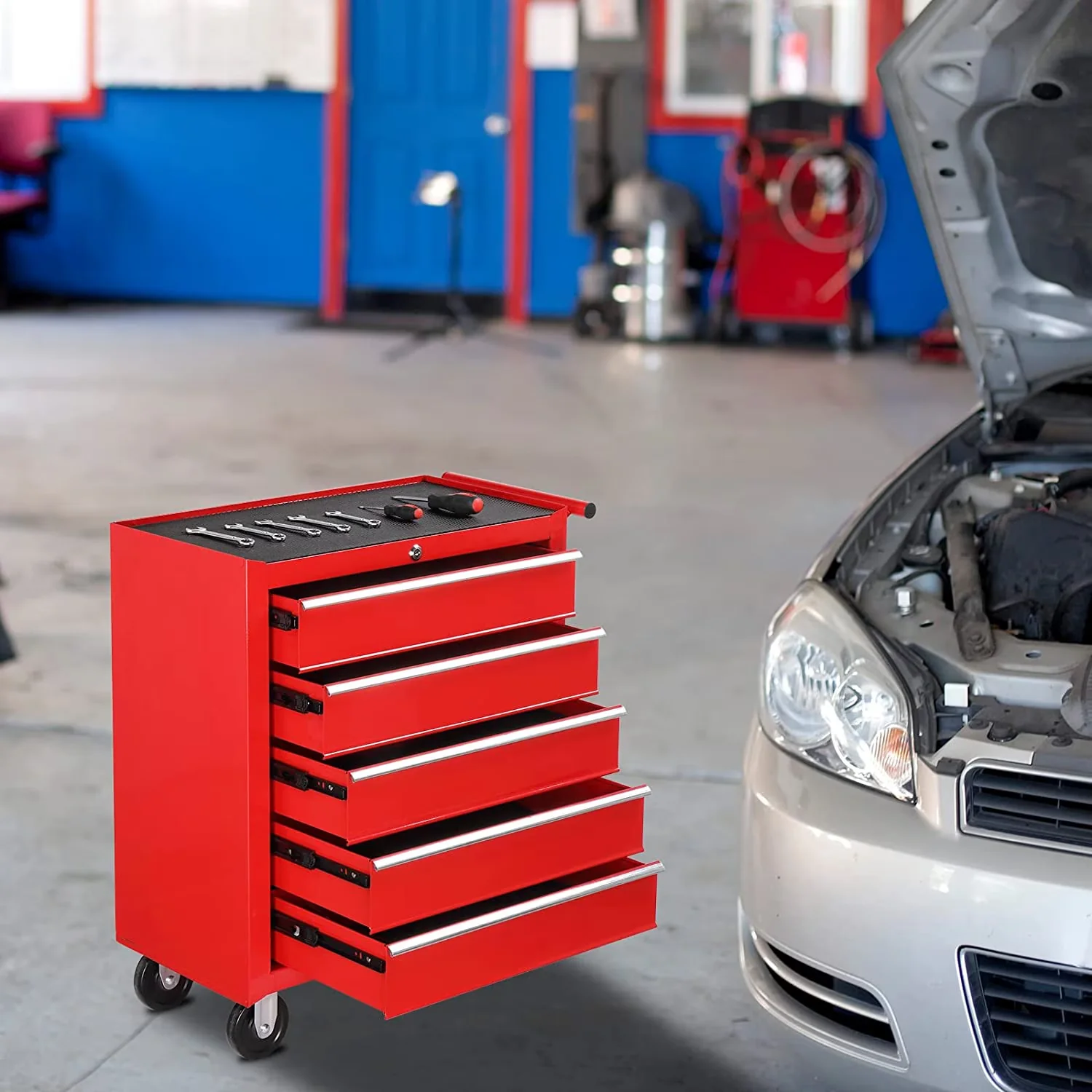 Durable Toolstorage with Lockable, Tool Storage Organizer Box Cabinet, Wheels - Red Steel Model F25747