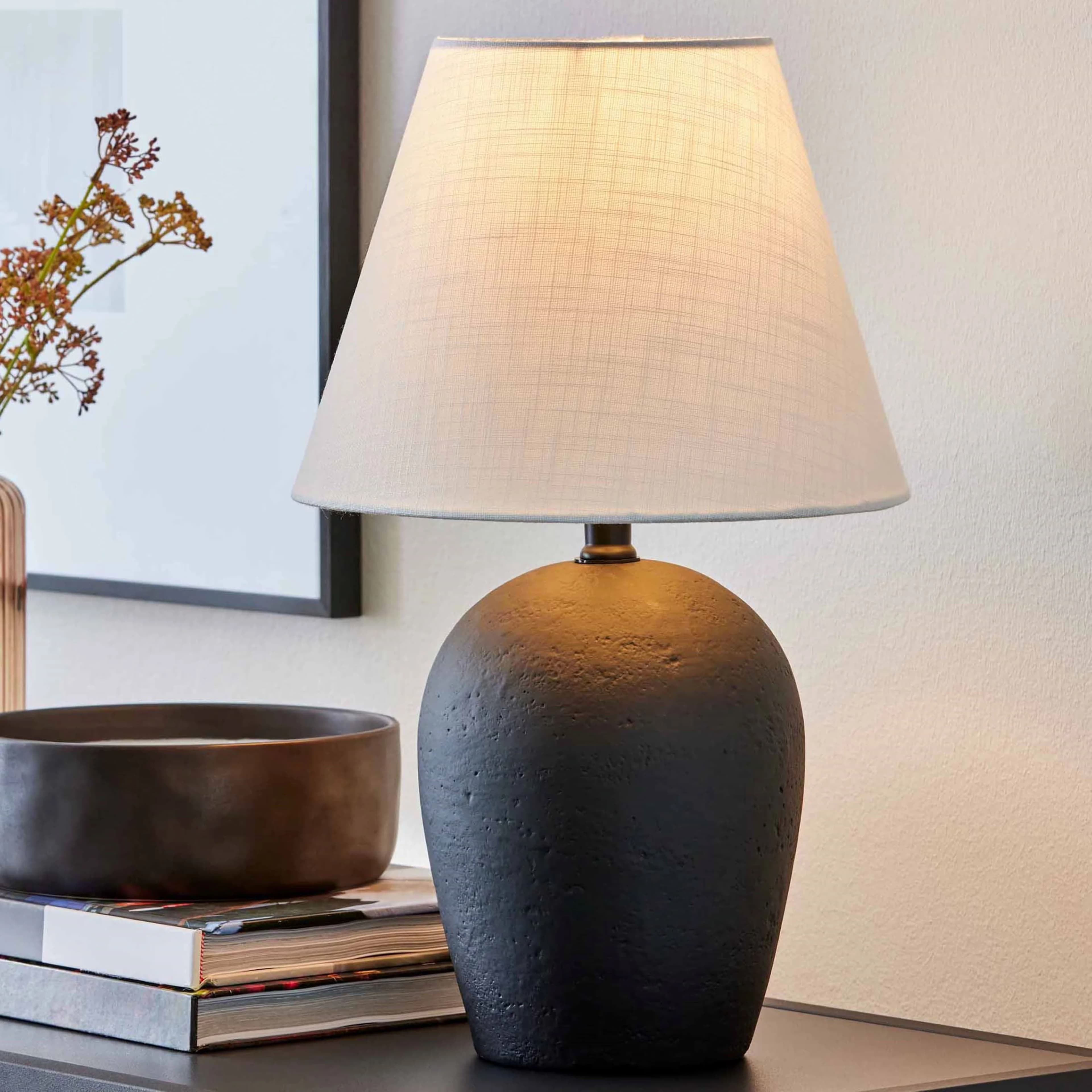 Compact Table Lamp with Incandescent, Smart Compatible, White Linen Empire Shade - Black Ceramic Model 36D815