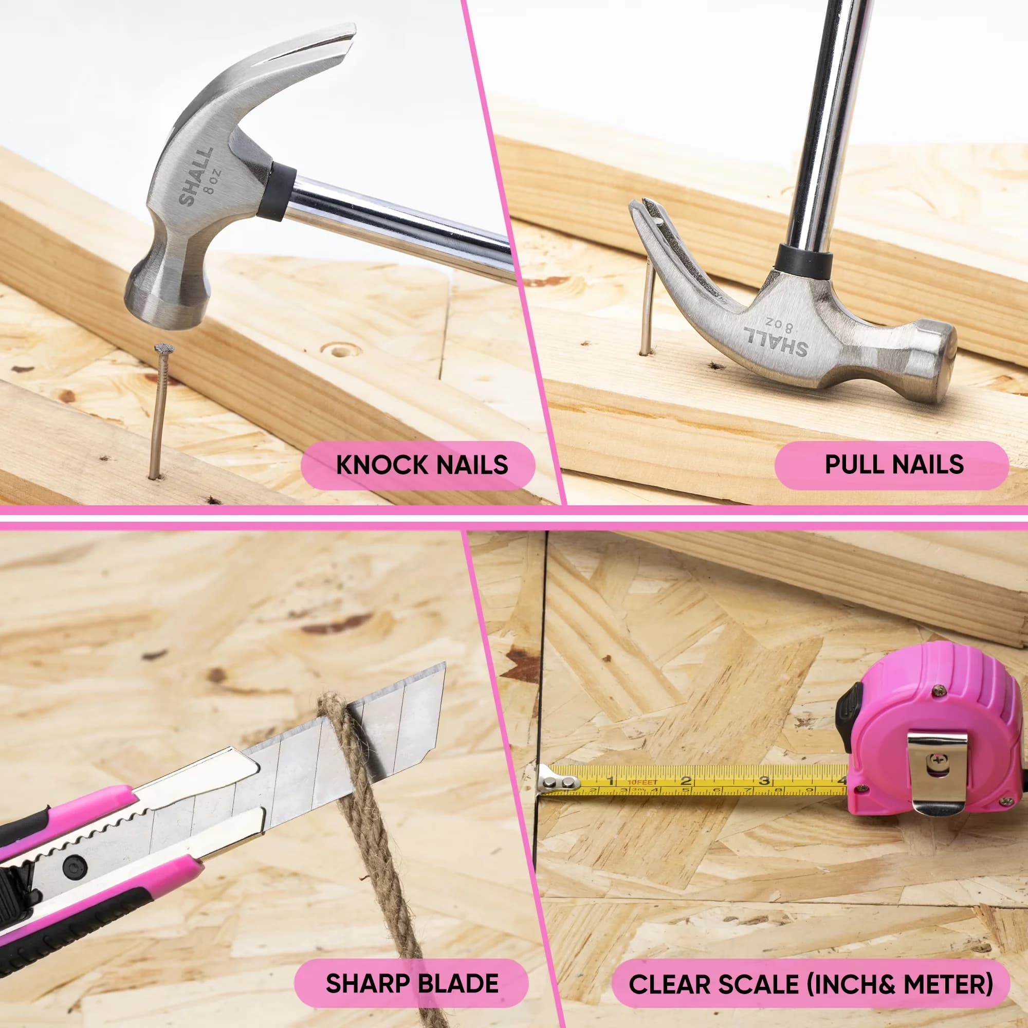 Hand Tool Set Compact with Ergonomic Handle, Pink - Pink 166pcs - Rustic Charm Model A757EE
