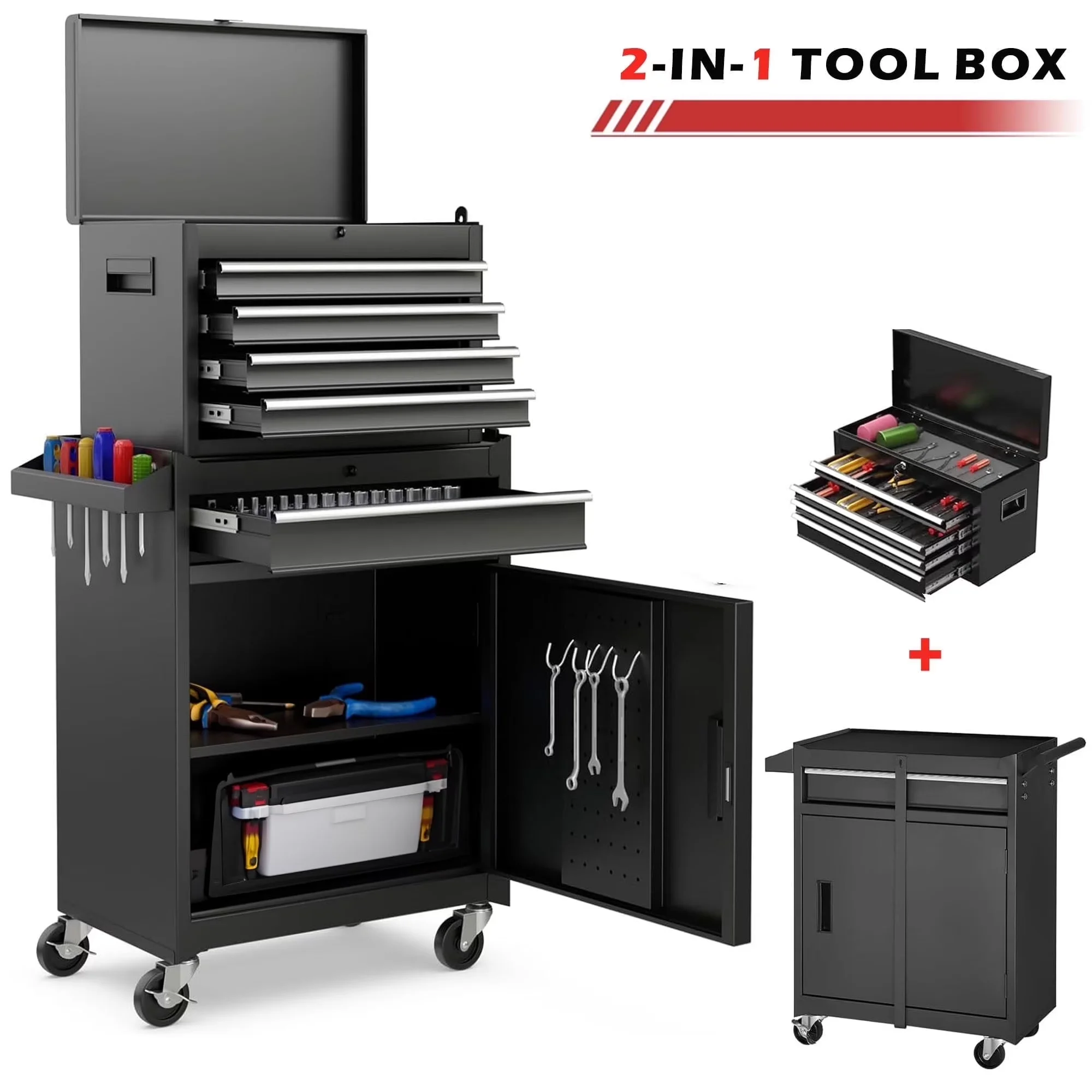 Reliable Toolstorage with Lockable, Portable, Black - Steel 2-IN-1 - Commercial Quality Model 3912B0
