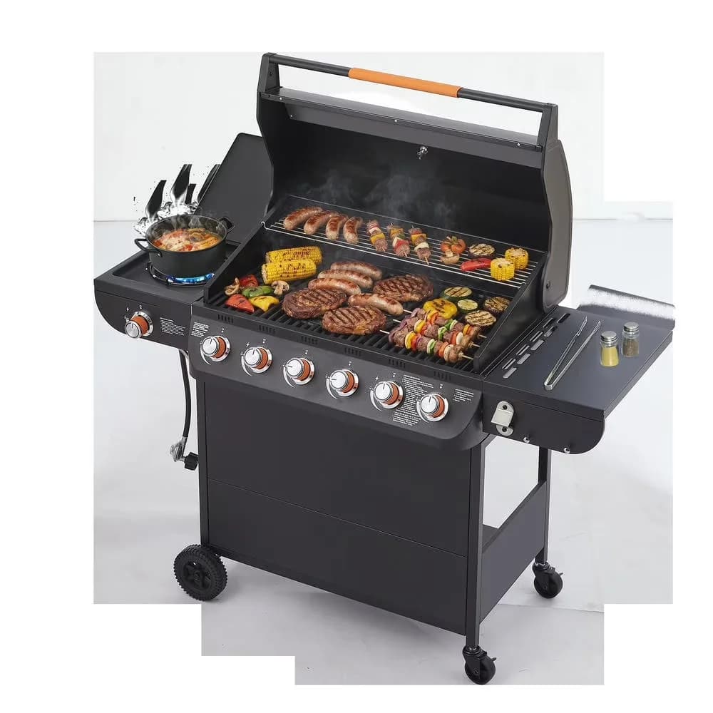 Compact Gas Grill with 72000 BTU, Portable, 6-Burner Barbecue - Steel Black Model D3D624