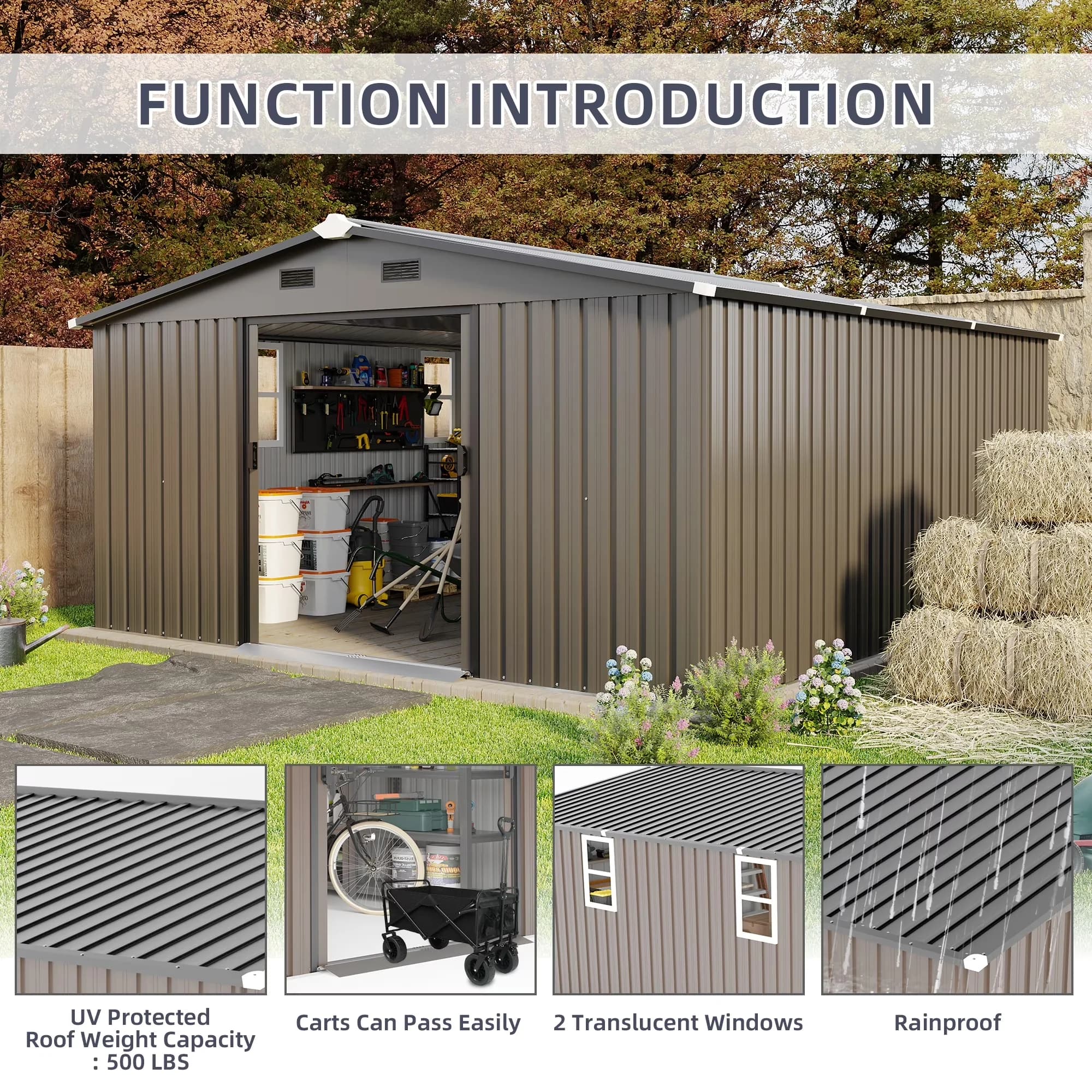 Stylish Shed with Lockable Door, 10FT x 12FT Outdoor Metal Storage - Silver 10*12FT Brown Metal for Garden, Patio Model 6023B8