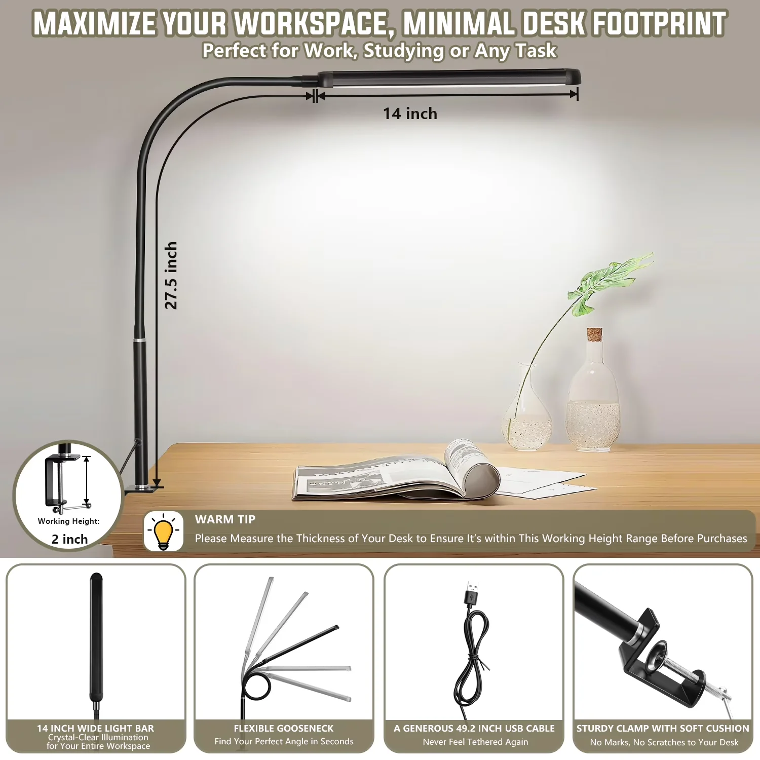 Durable Desk Lamp with LED, Dimmable, Clamp - Black Aluminum - Industrial Grade Model 95FC3B