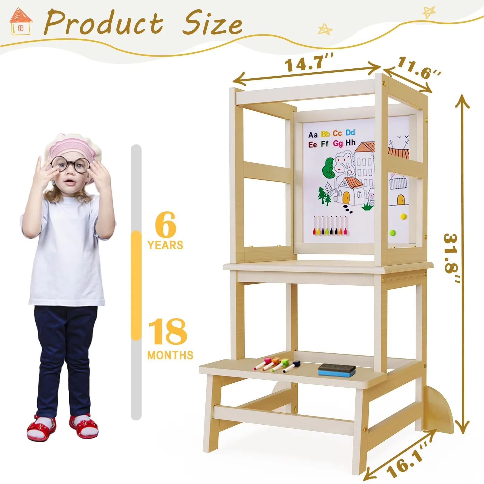 Efficient Ladders And Step Stool with Adjustable Height, Toddler Kitchen Helper - Brown Wood Model BAC4D1