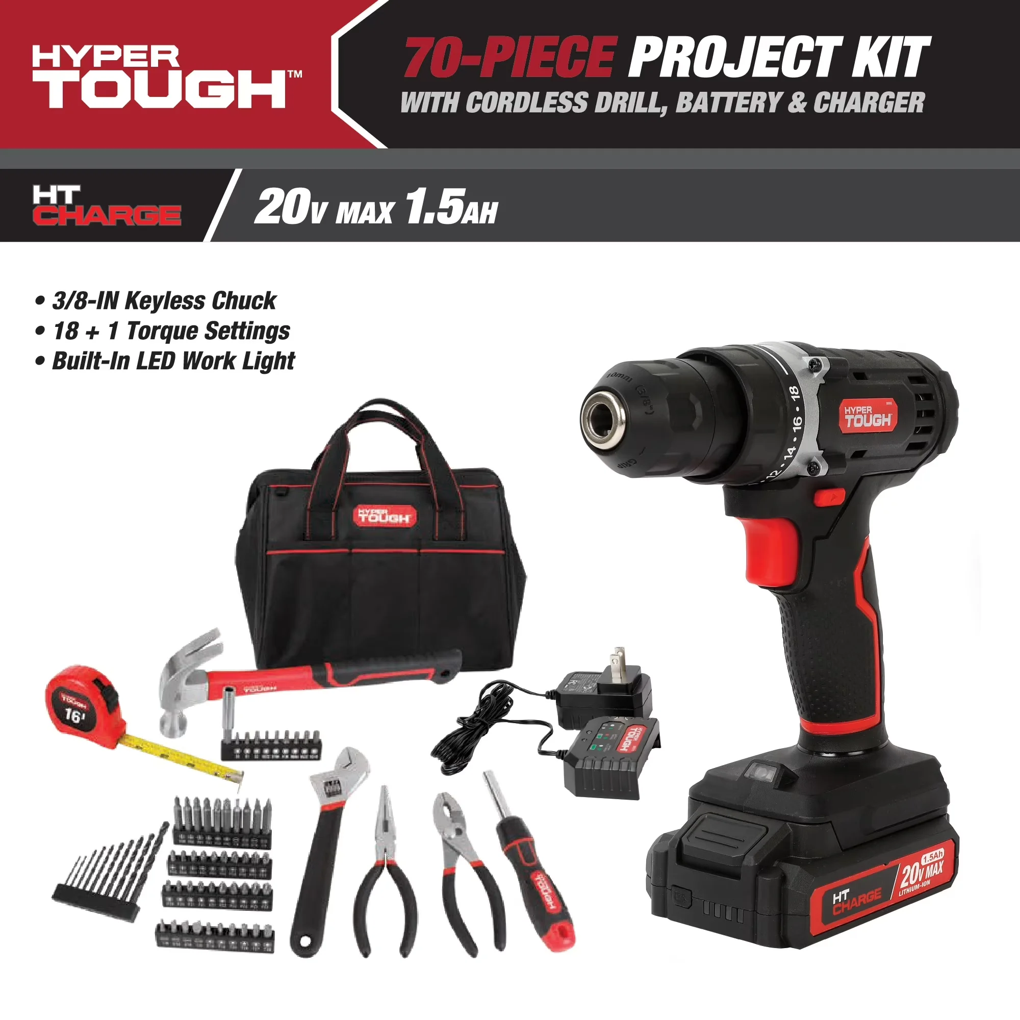 Compact Drills Driver with Battery, 20V, 20V 70-Piece Cordless Drill Project Kit - Model 5E1DBC