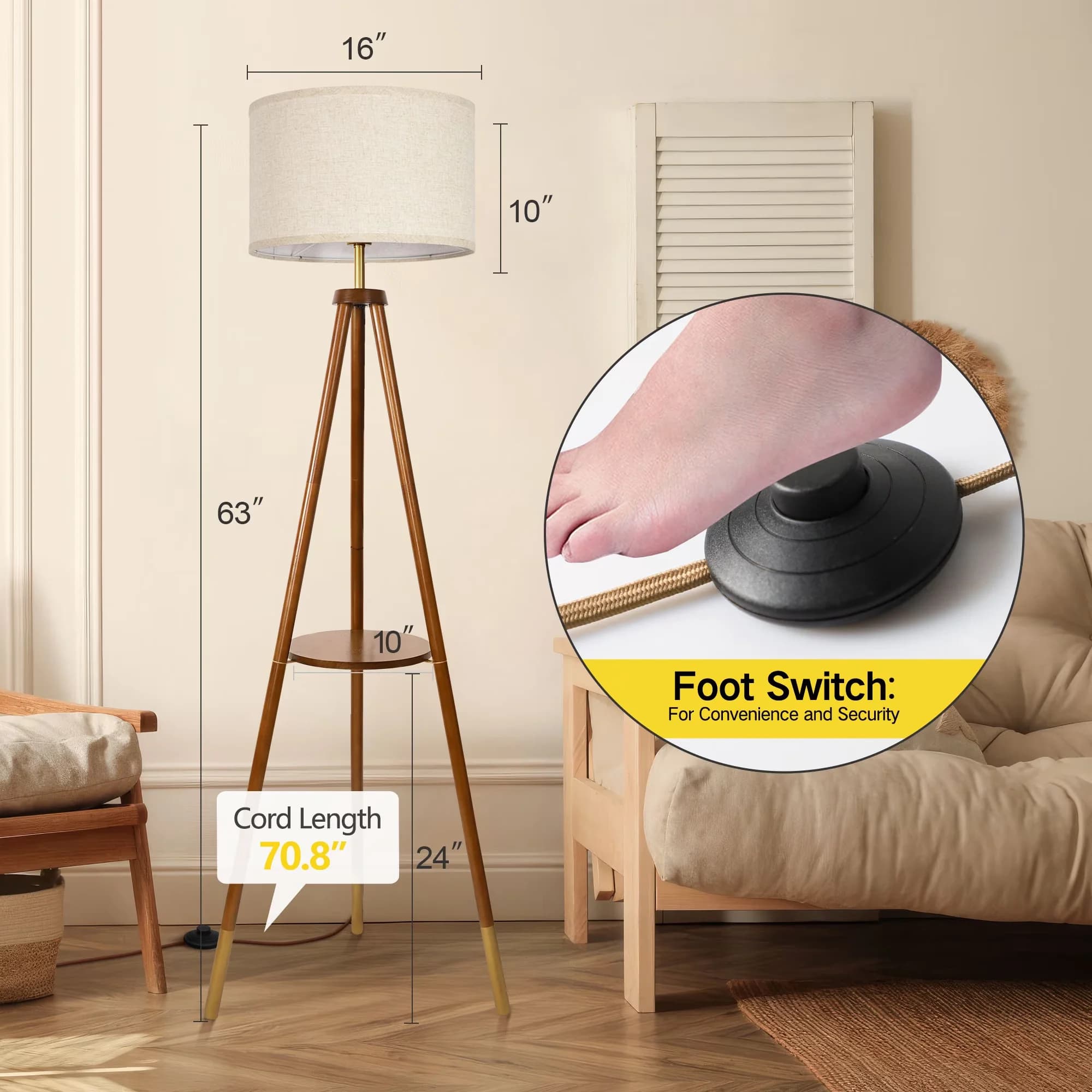 Professional Floor Lamp with LED, Dimmable, Mid-Century - Wood Beige for Living Room, Bedroom Model 2552E0