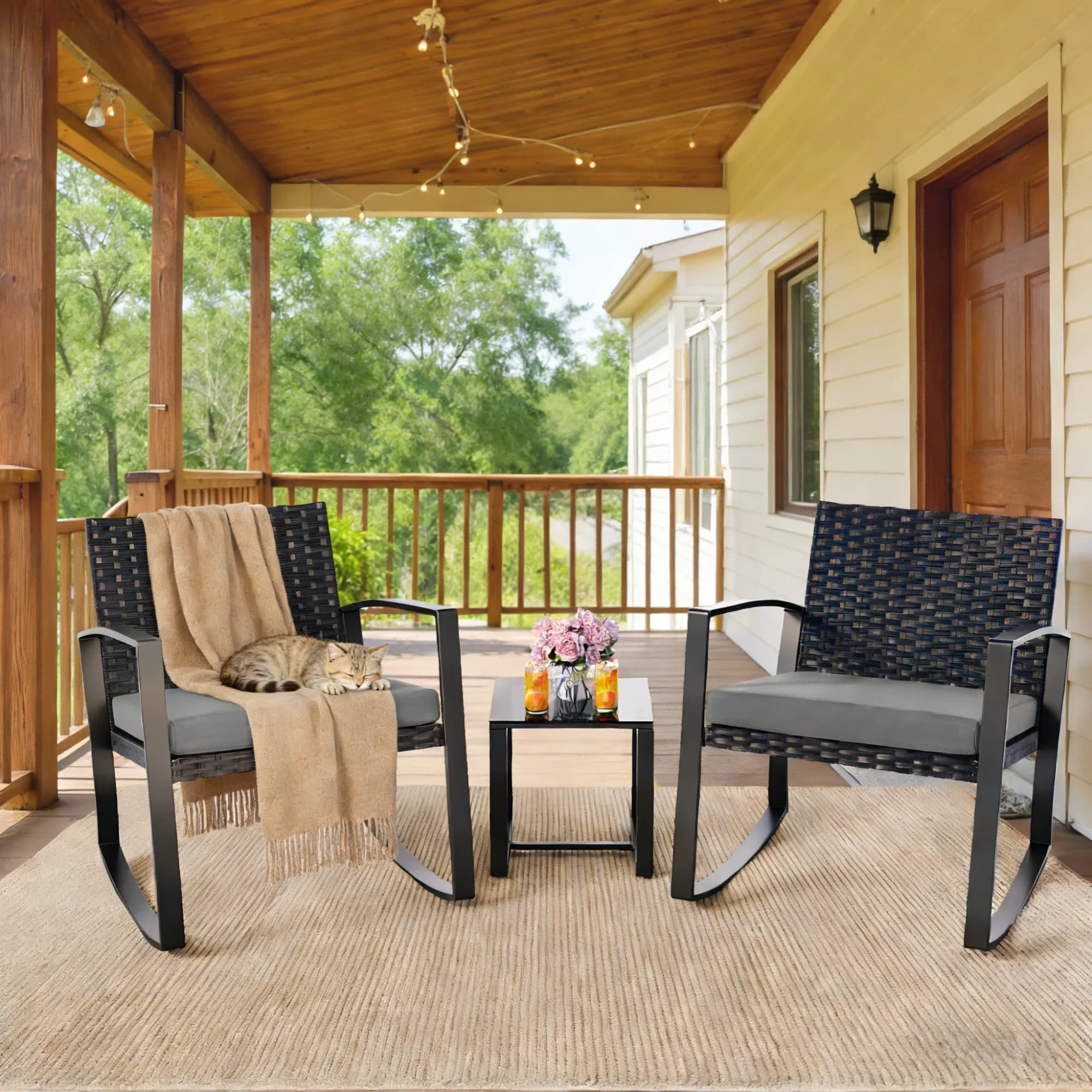 Premium Patio Dining Set with Uv Resistant, Stain Resistant, Mold Resistant - Gray Rattan, Glass, Metal for Garden Model 3EB170