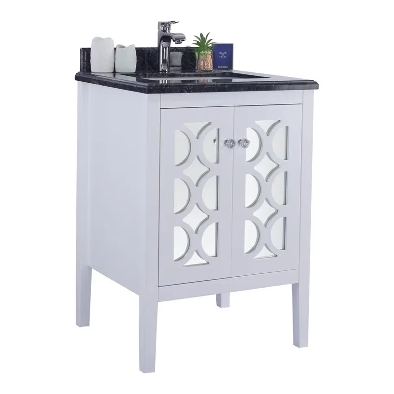 Compact Bathroom Renovation with White Cabinet + Black Wood Counter, Solid Oak Wood and Plywood Construction - Model CC8BD4