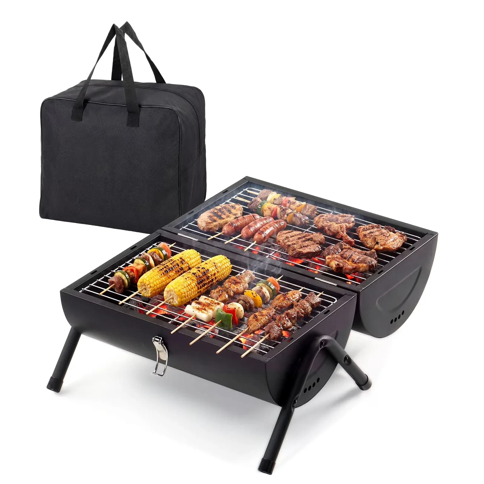 Charcoal Grill Professional with Foldable, Portable - Black Iron, Wood Handle, Oxford Cloth Carry Bag Model 978E86