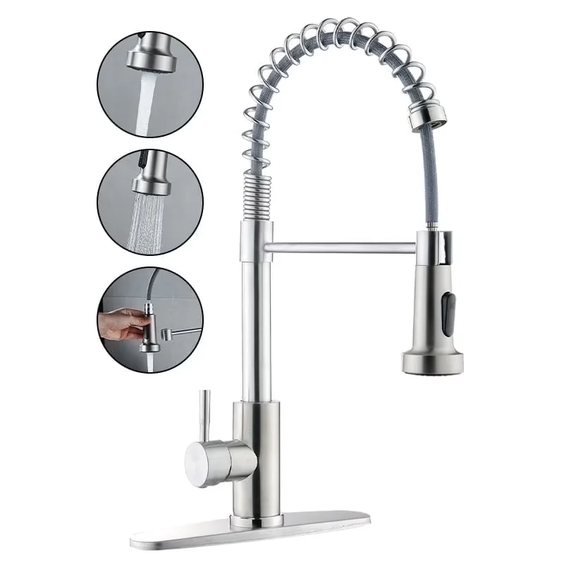 Durable Plumbing with Pull Out Sprayer, Kitchen Faucets, Kitchen Sink Faucet - Metal, Stainless Steel, Nickel Silver Model 35C91B