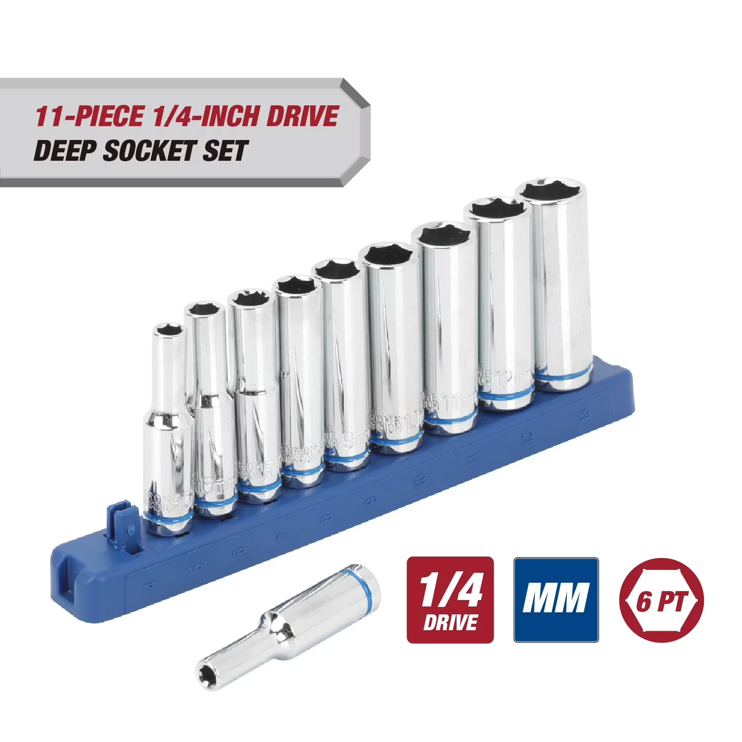 Sleek Hand Tool Set with 11-Piece 1/4-in mm, Deep Drive Socket - Steel Model C64209
